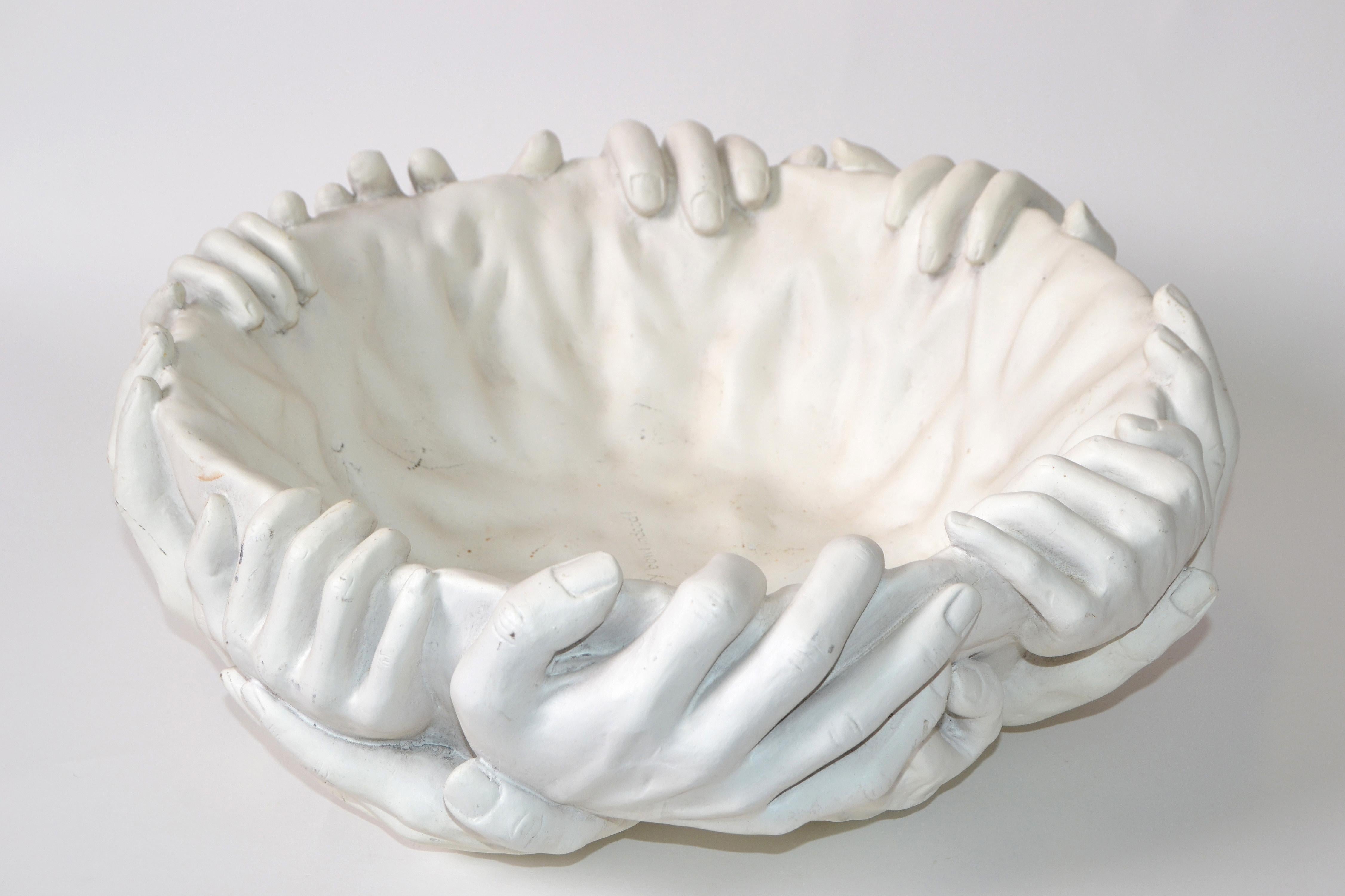 Felt Modern White Ceramic Sculptural Centerpiece Bowl Styled After Artist Fornasetti