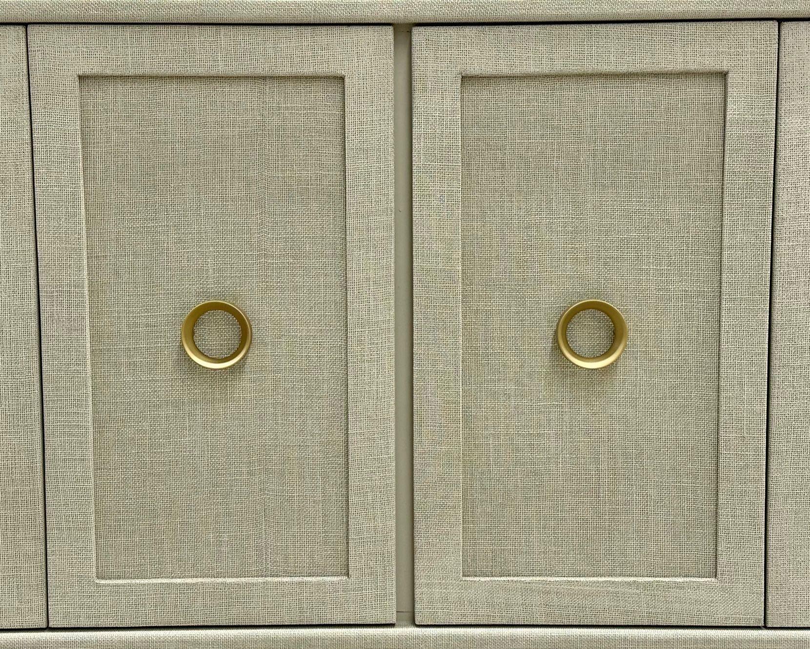 Modern White Custom Four Door Linen Wrapped Sideboard / Credenza, Brass 13