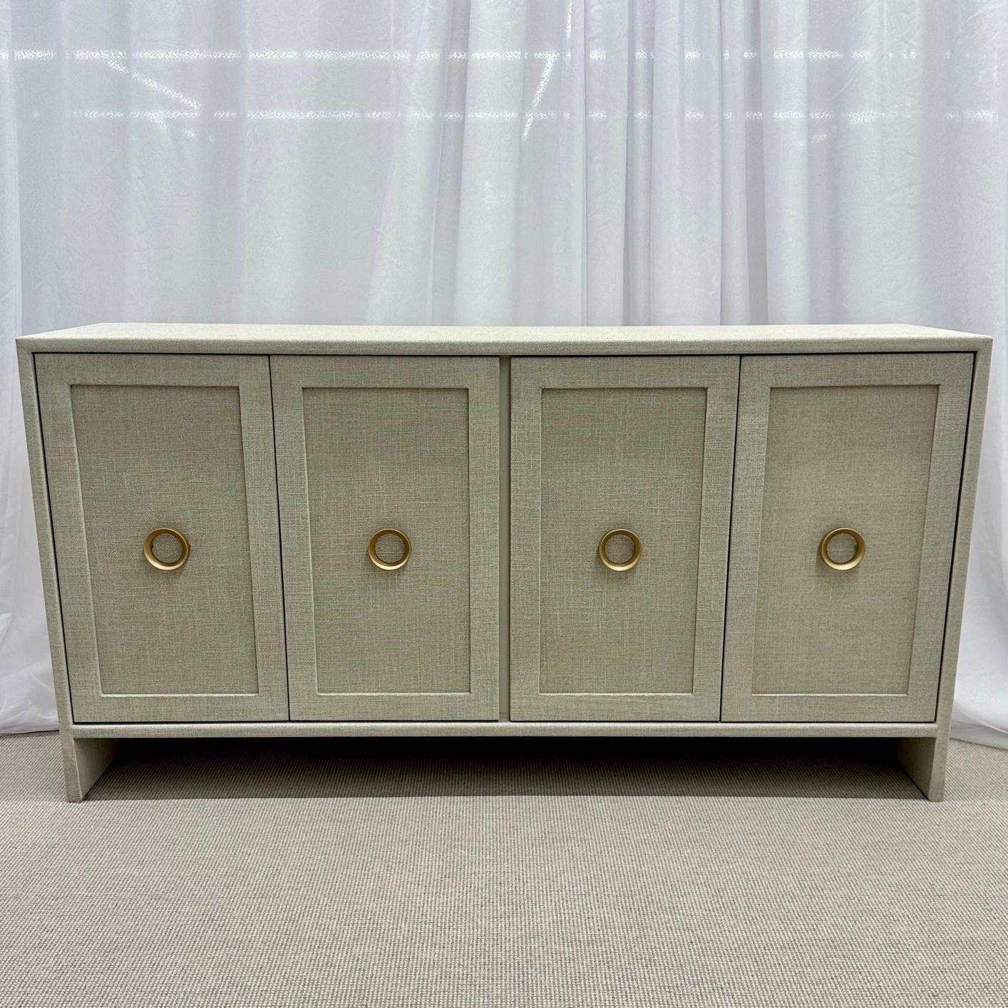 American Modern White Custom Four Door Linen Wrapped Sideboard / Credenza, Brass