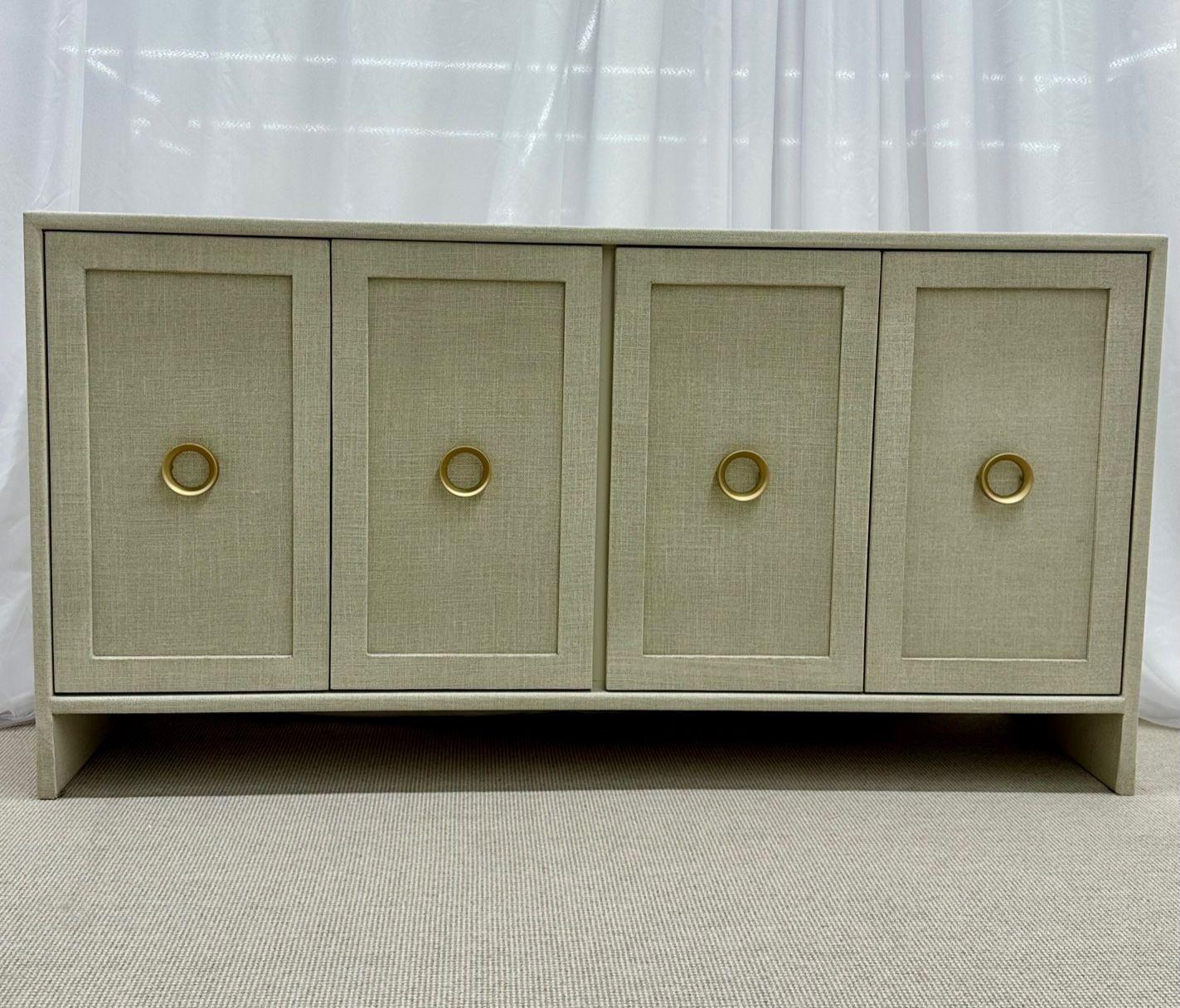 Modern White Custom Four Door Linen Wrapped Sideboard / Credenza, Brass In Good Condition In Stamford, CT