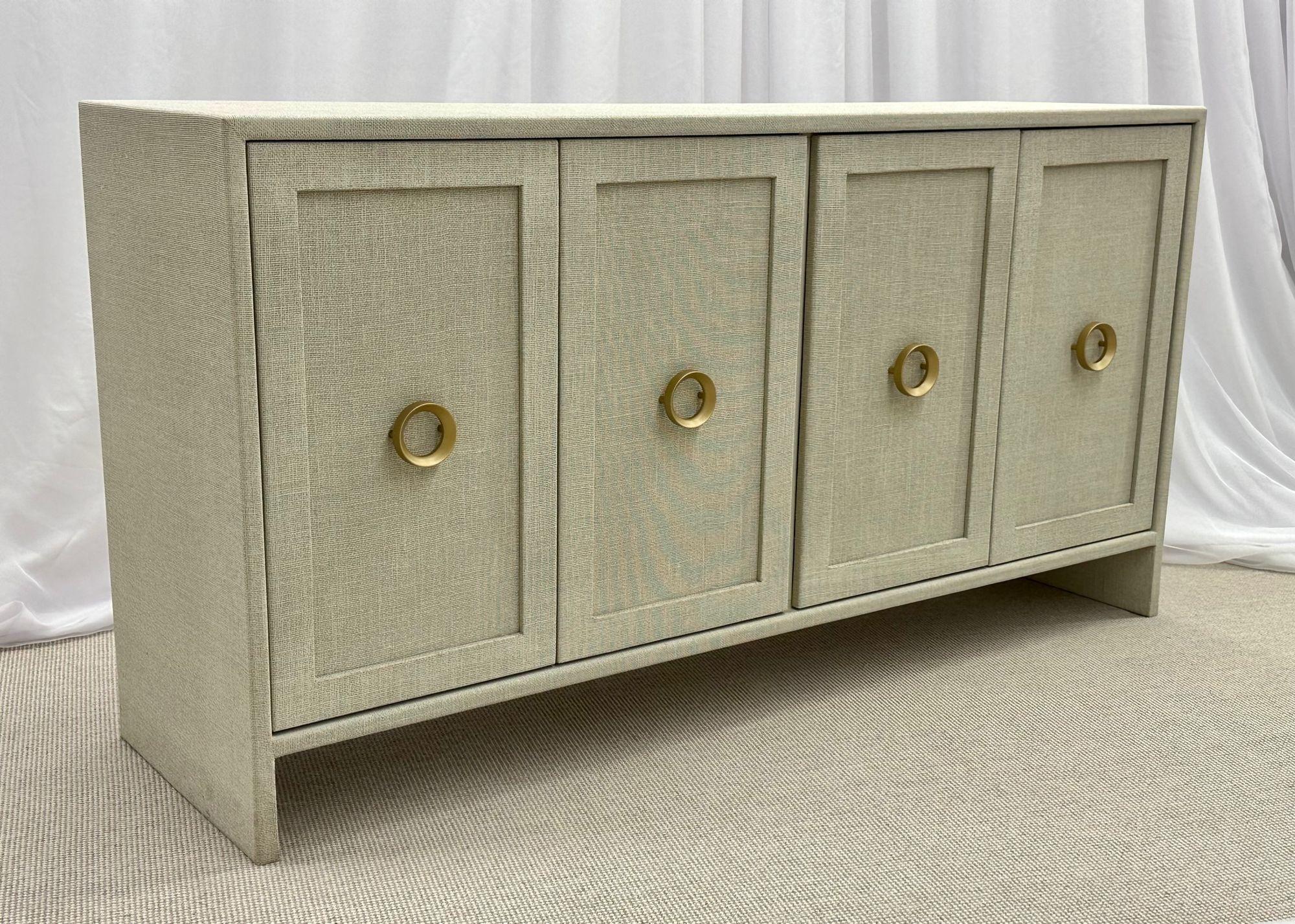 Contemporary Modern White Custom Four Door Linen Wrapped Sideboard / Credenza, Brass