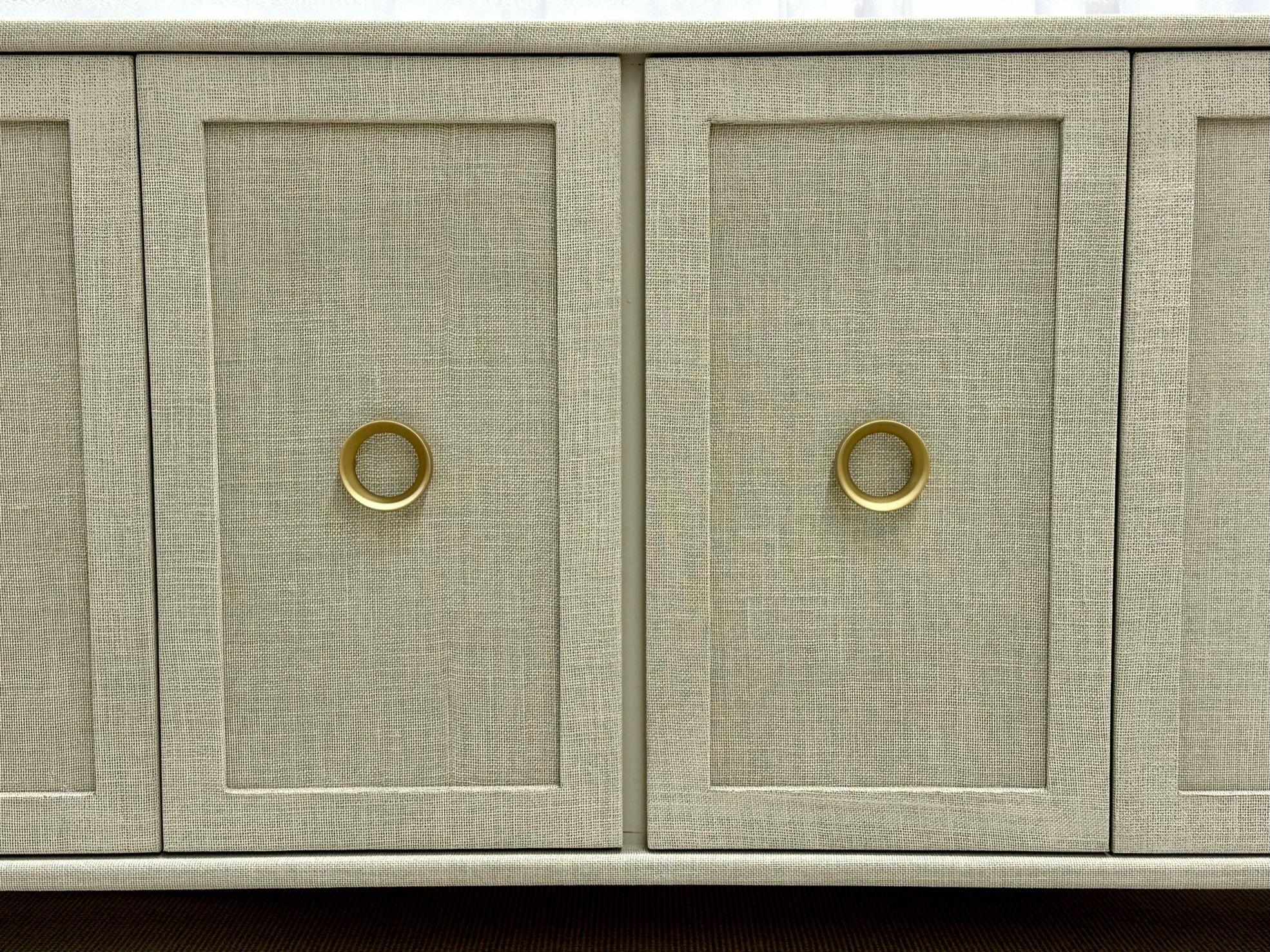 Modern White Custom Four Door Linen Wrapped Sideboard / Credenza, Brass 2