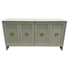 Modern White Custom Four Door Linen Wrapped Sideboard / Credenza, Brass