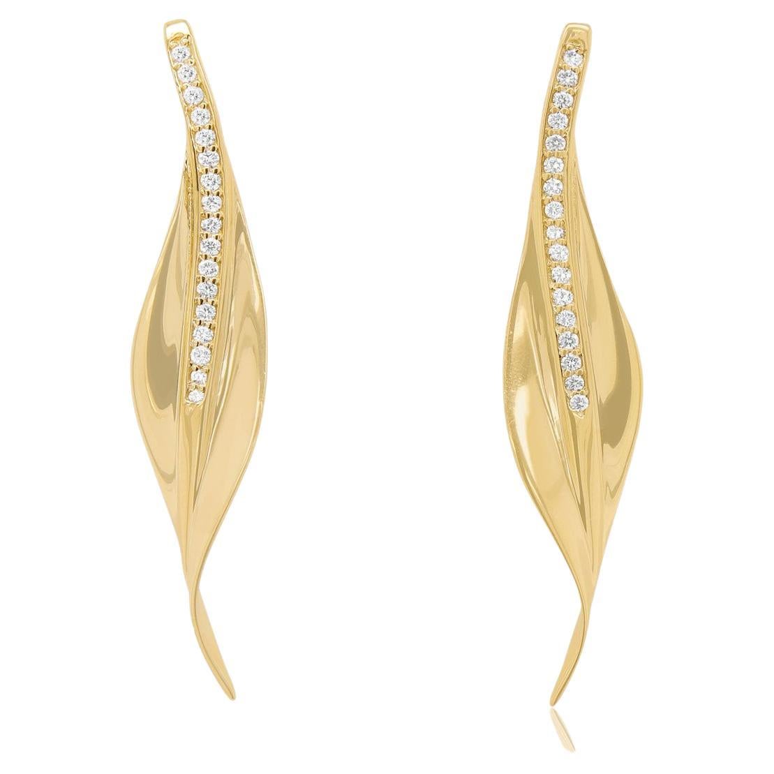 Modern White Diamond Leaf Drop Earrings 18K Yellow Gold Statement Long Large
