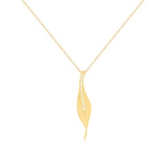 Modern White Diamond Leaf Drop Pendant Necklace 18K Yellow Gold Statement Long
