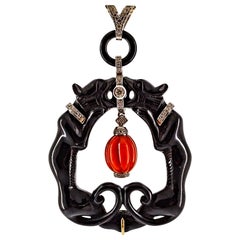 Modern White Diamond Mediterranean Red Coral Onyx White Gold "Panthers" Necklace