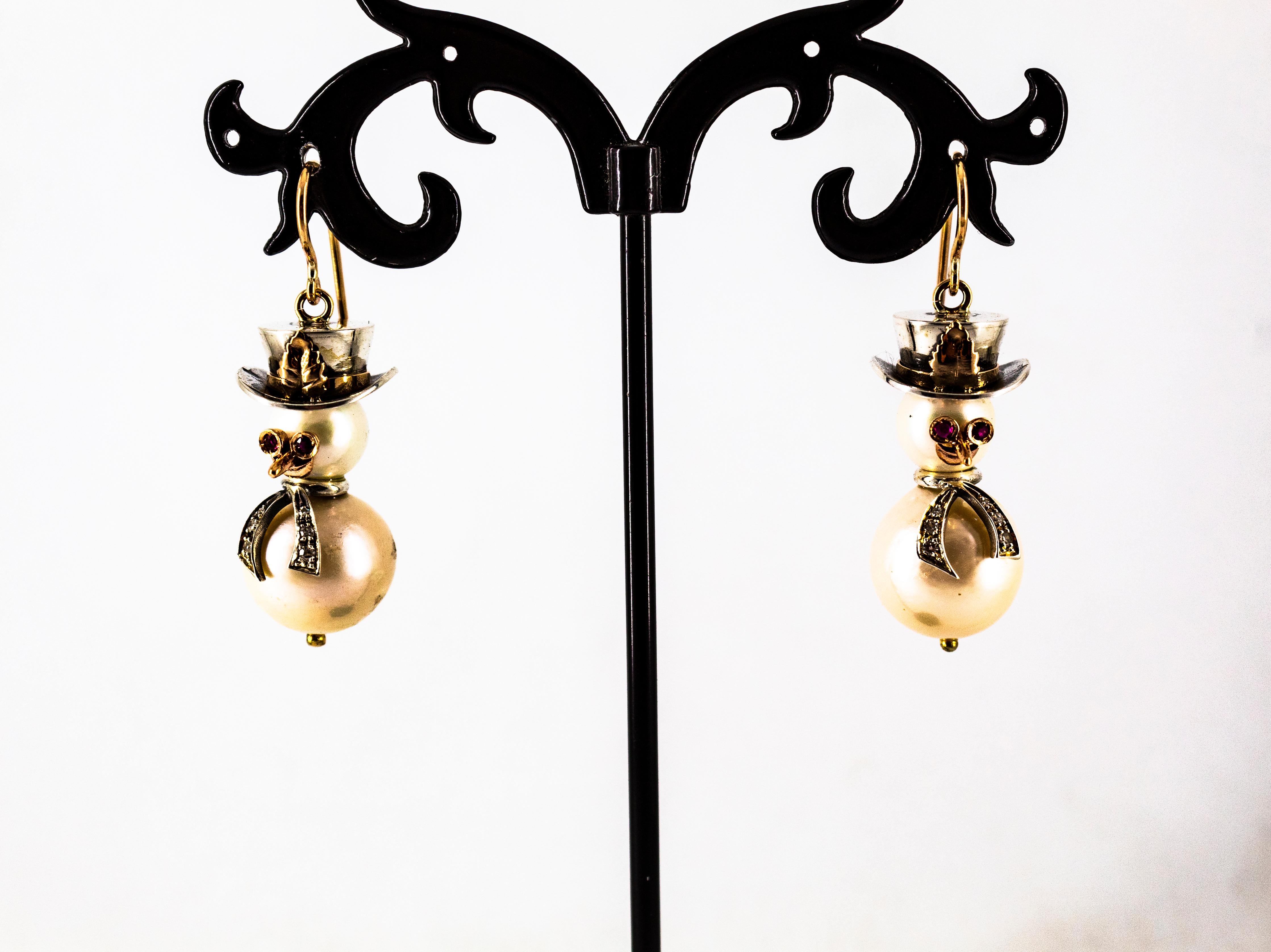Orecchini moderni con diamante bianco, rubino, perla orientale e oro giallo 