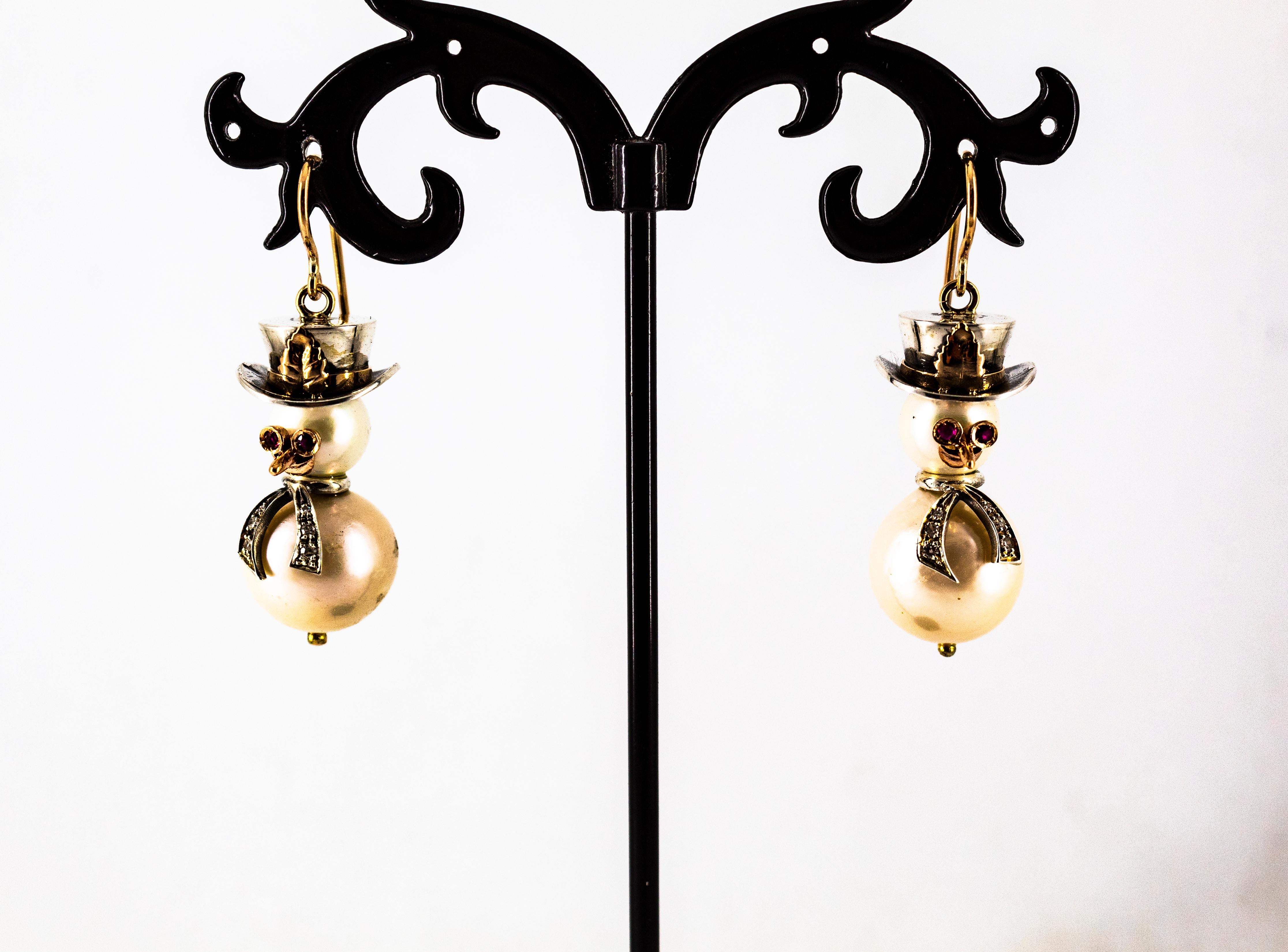 Orecchini moderni con diamante bianco, rubino, perla orientale e oro giallo 