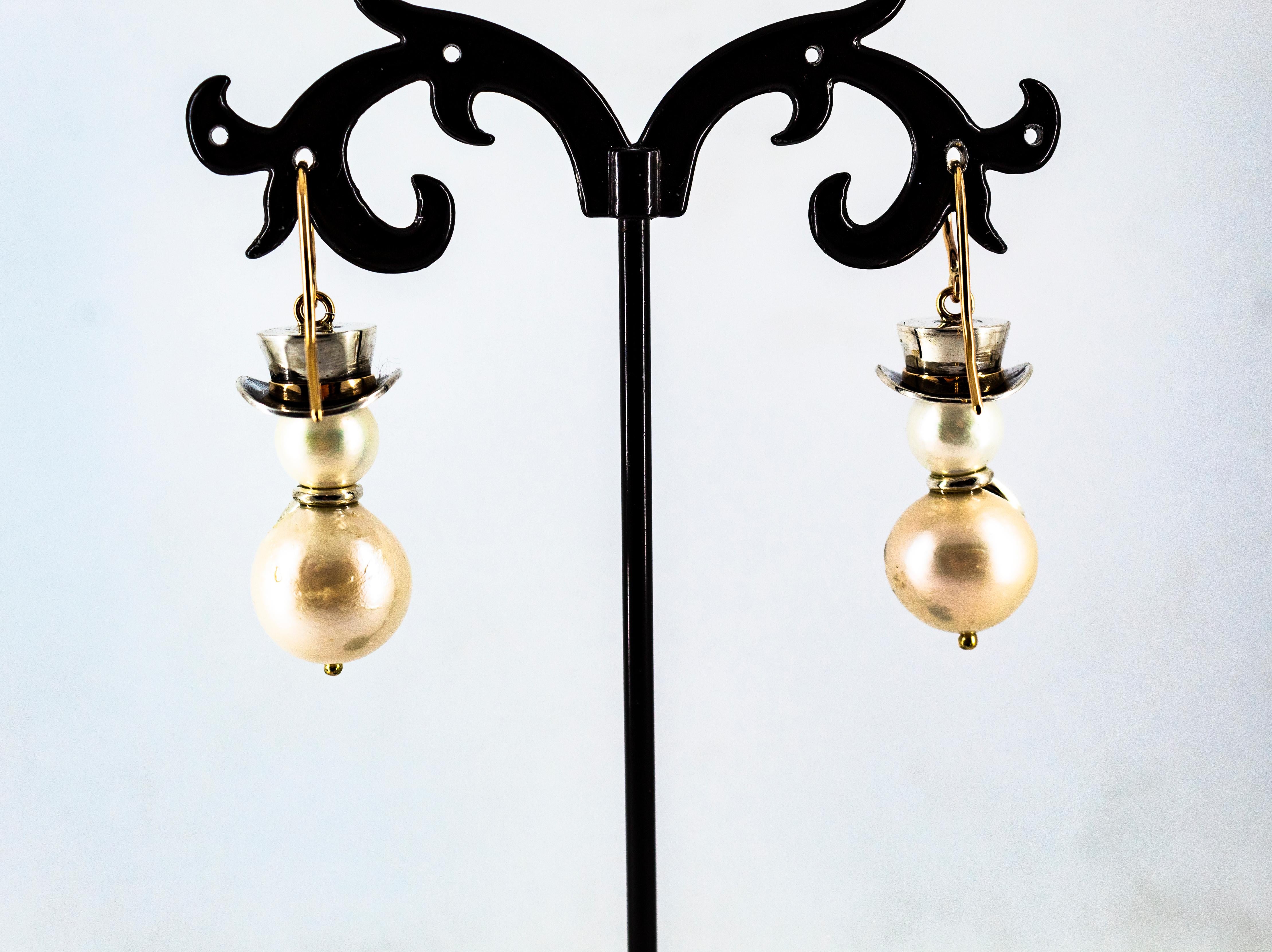 Orecchini moderni con diamante bianco, rubino, perla orientale e oro giallo 