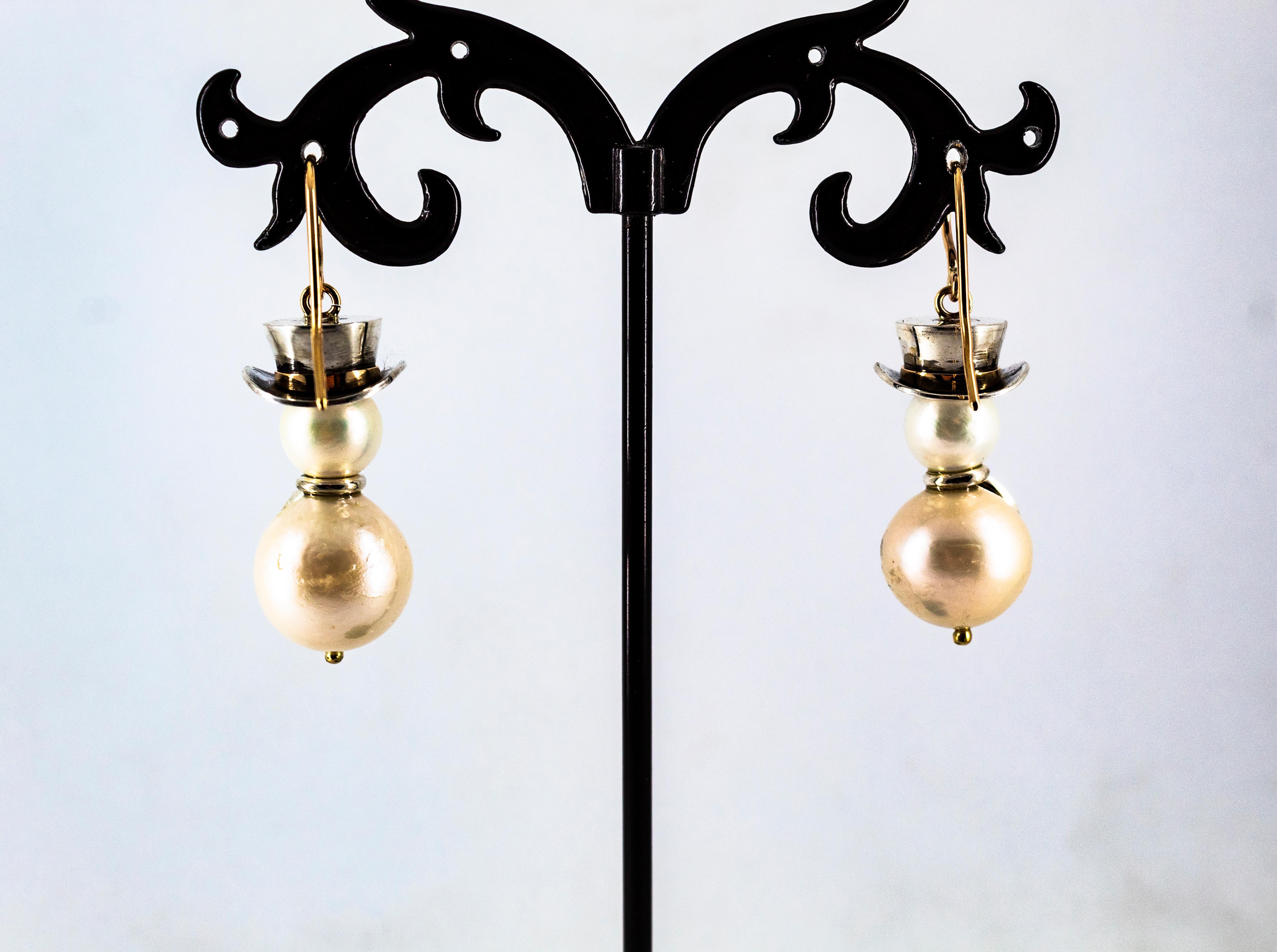Orecchini moderni con diamante bianco, rubino, perla orientale e oro giallo 