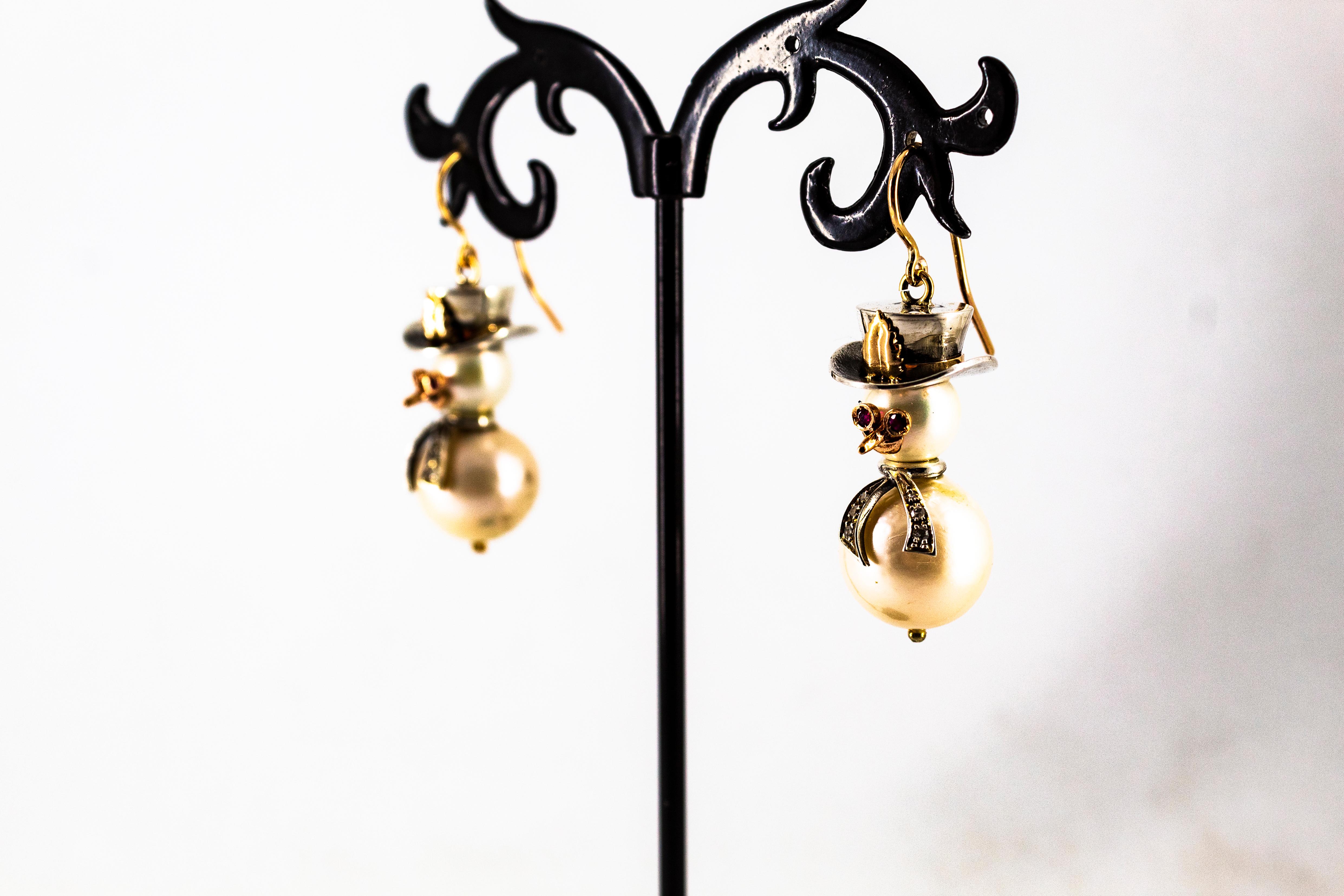 Orecchini moderni con diamante bianco, rubino, perla orientale e oro giallo 