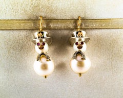 Modern White Diamond Ruby Oriental Pearl Yellow Gold "Snowman" Stud Earrings