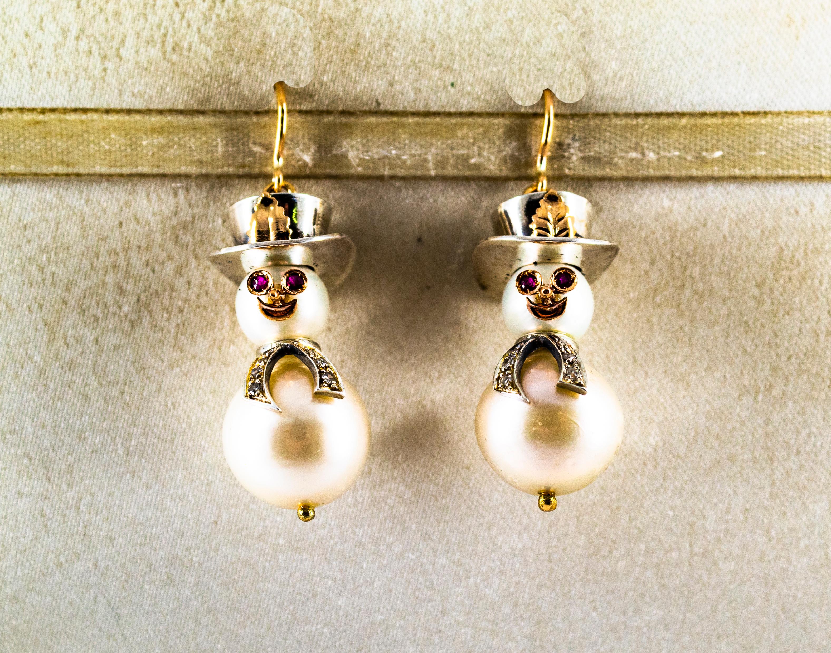 Moderno Orecchini moderni con diamante bianco, rubino, perla orientale e oro giallo 