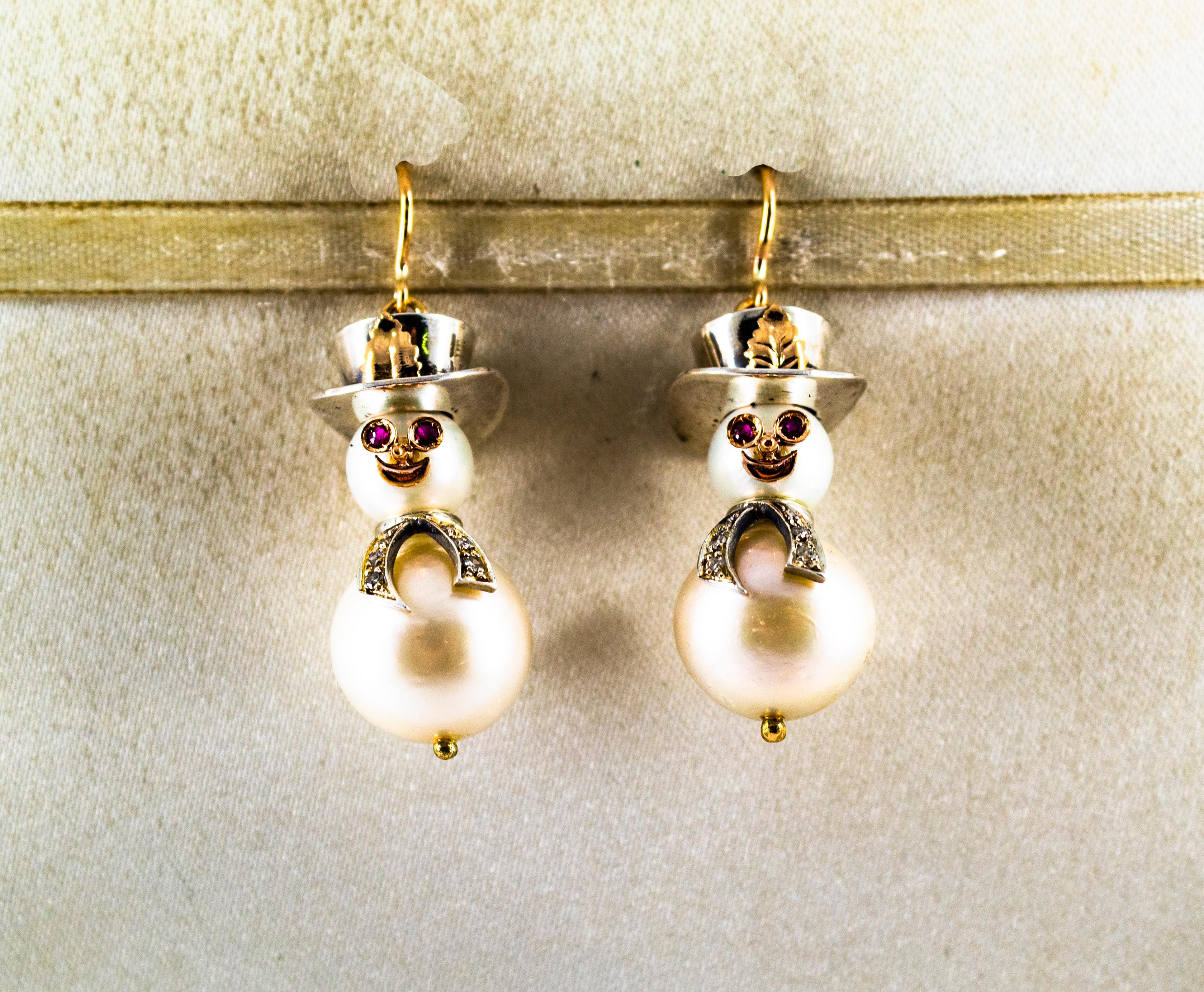 Taglio brillante Orecchini moderni con diamante bianco, rubino, perla orientale e oro giallo 