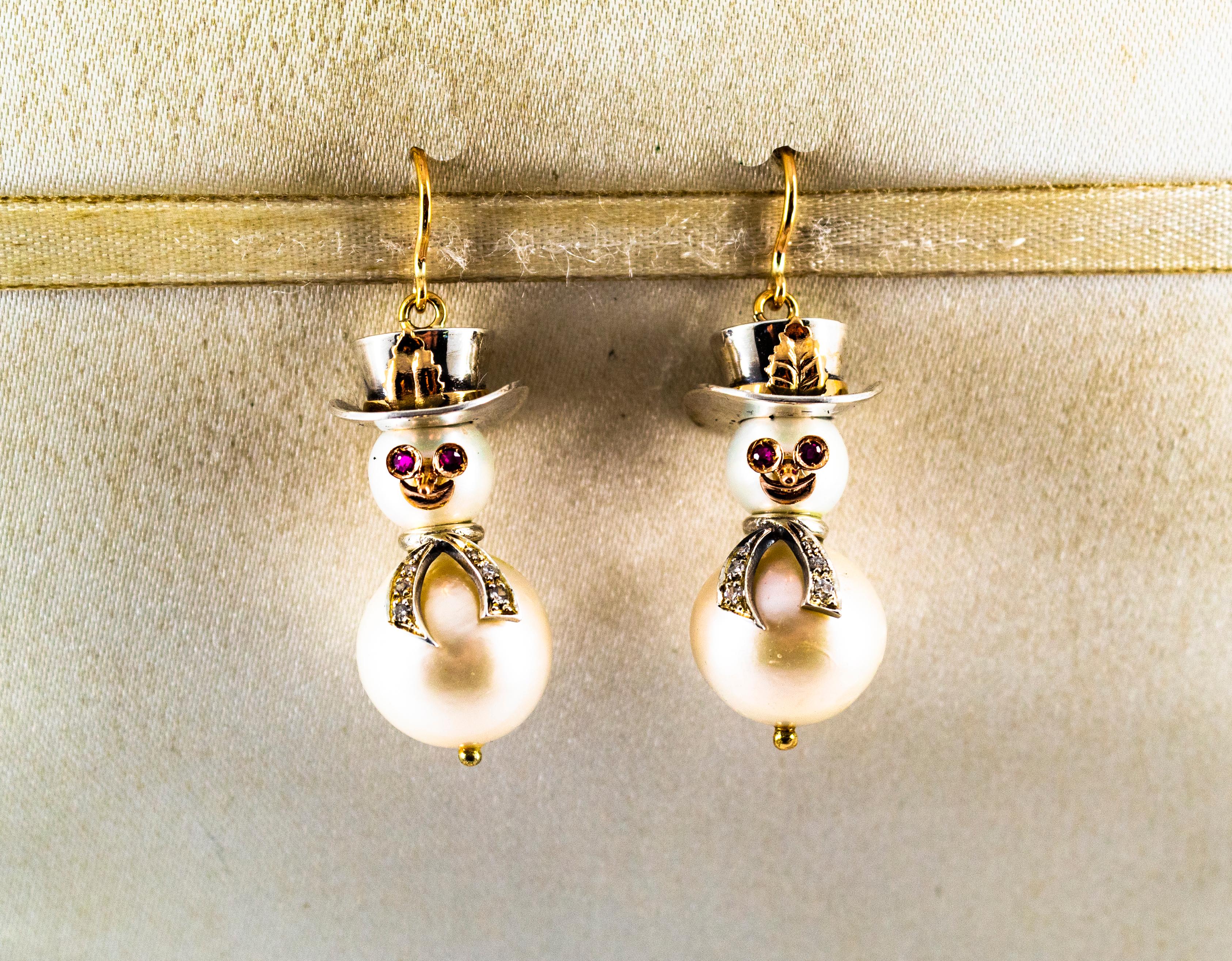 da uomo o donna Orecchini moderni con diamante bianco, rubino, perla orientale e oro giallo 