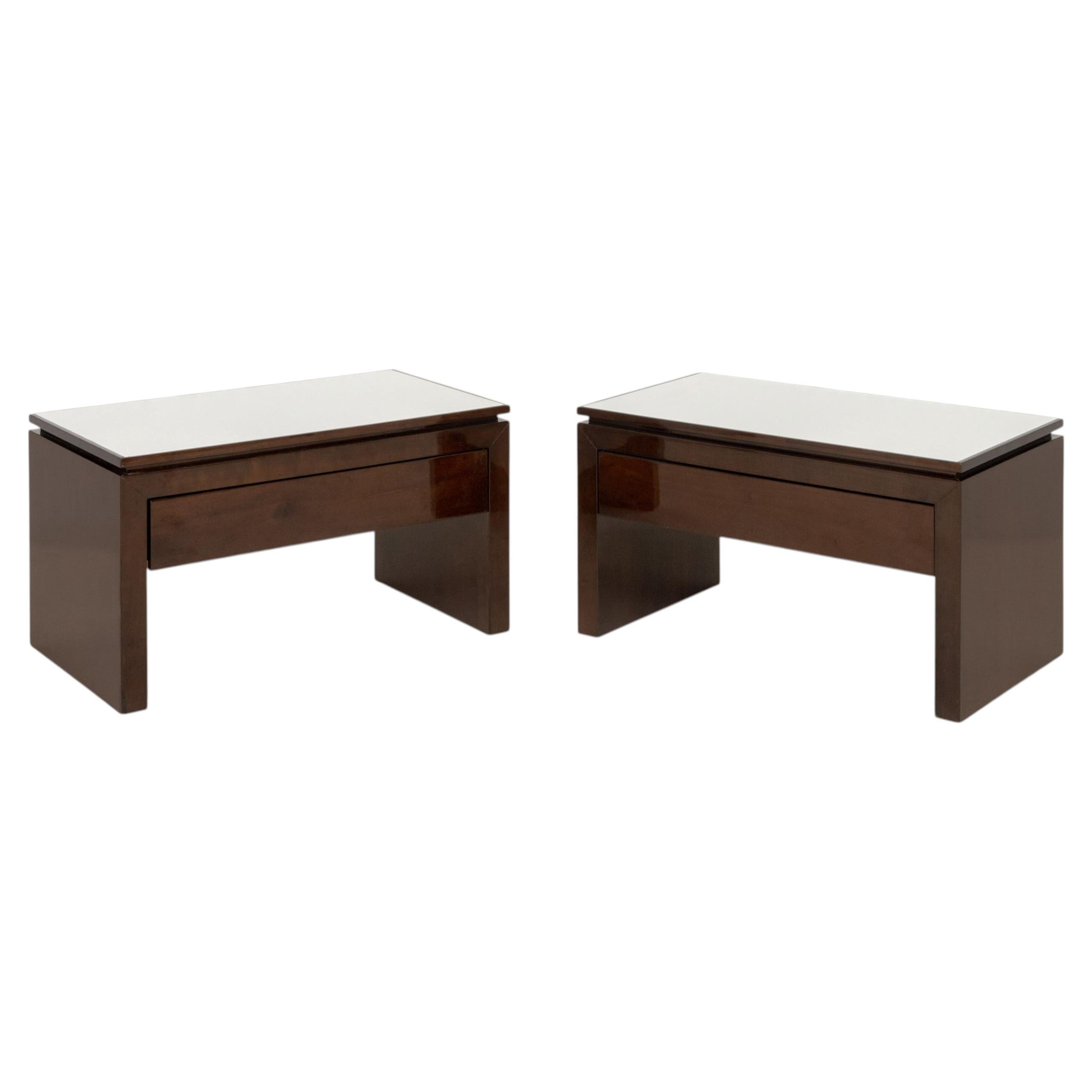 Pair of Modern White Glass and Mahogany Side Tables For Sale