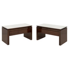 Modern White Glass and Mahogany Side Tables, Pair