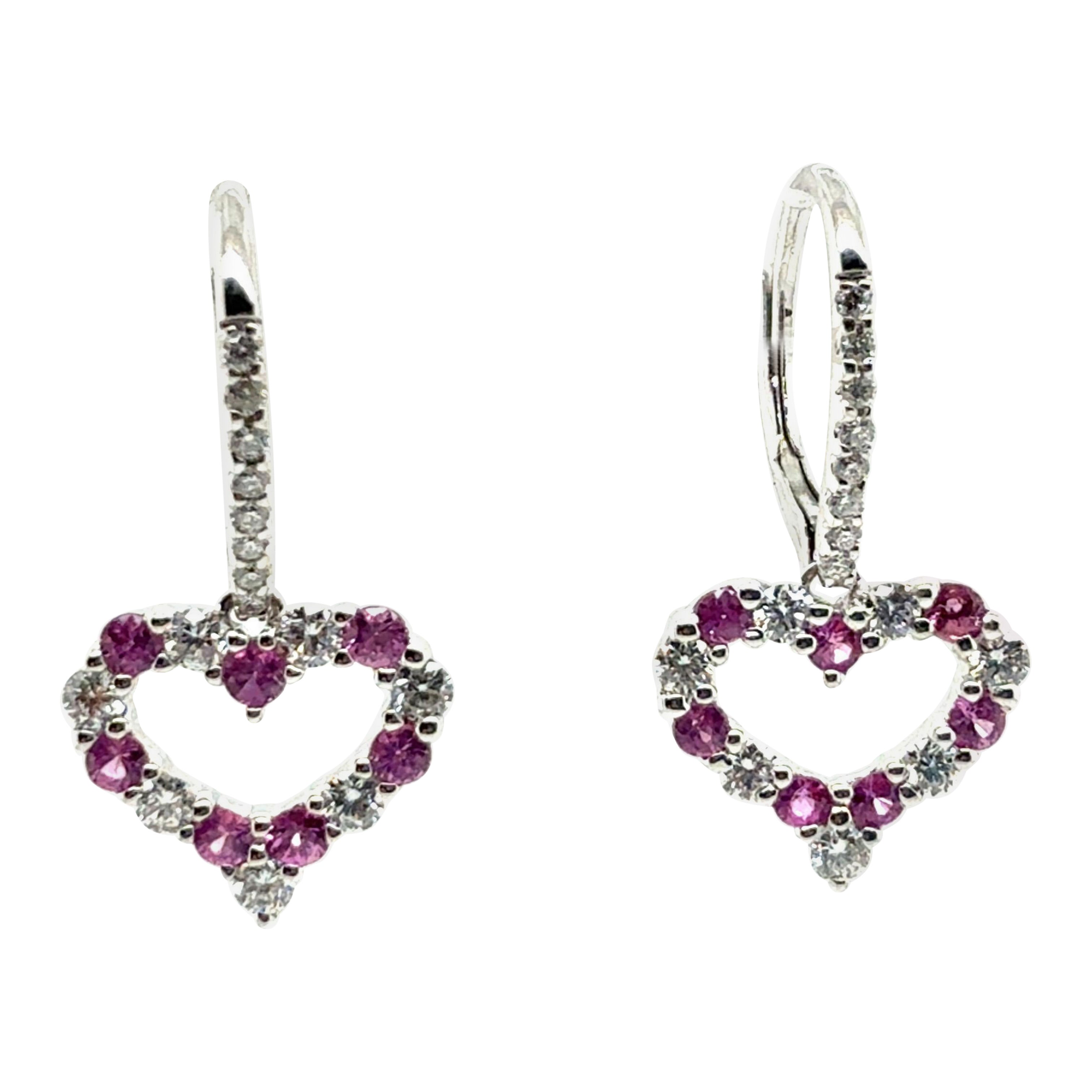Orecchini a goccia a cuore in oro bianco moderno con diamante naturale e zaffiro rosa da 1,08 carati