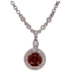 Modern White Gold 1.90 Carat Natural Colorless Diamond & Red Gem Garnet Pendant