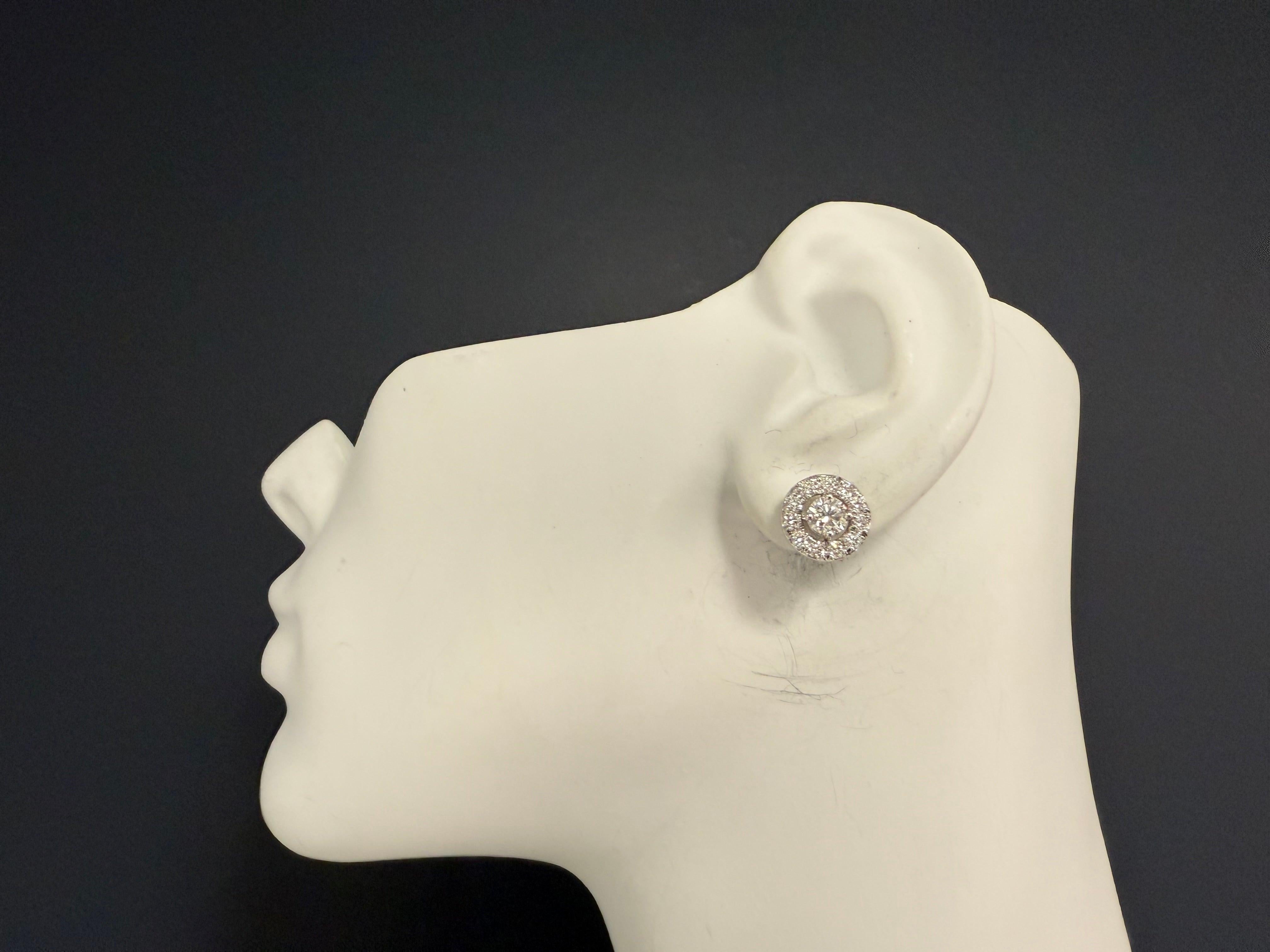 Modern White Gold 2 Carat Natural Colorless Diamond Halo Earrings For Sale 1