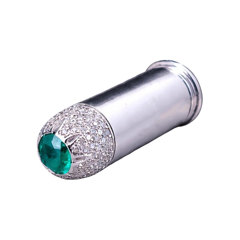Modern White Gold Bullet Pendant with Pavé Diamonds & Emerald For Sale