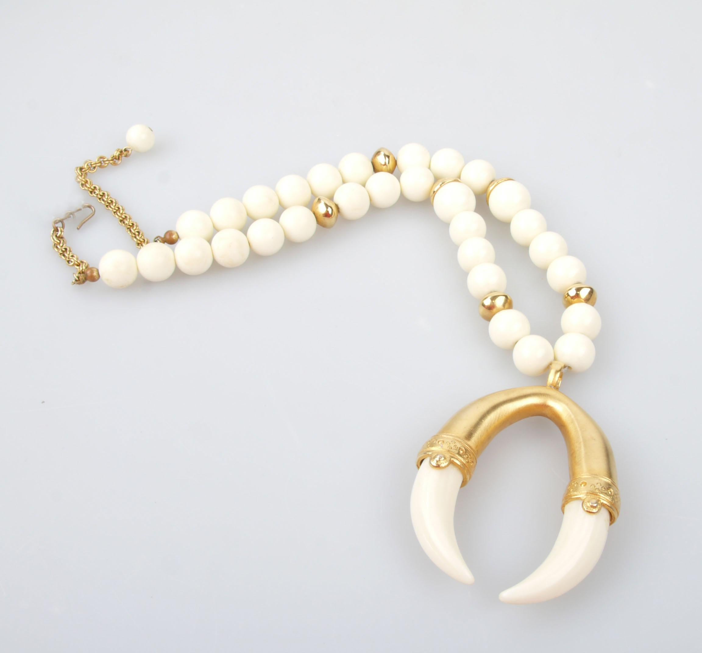 American Modern White and Golden Pearl Resin Necklace with Tusk Pendant For Sale