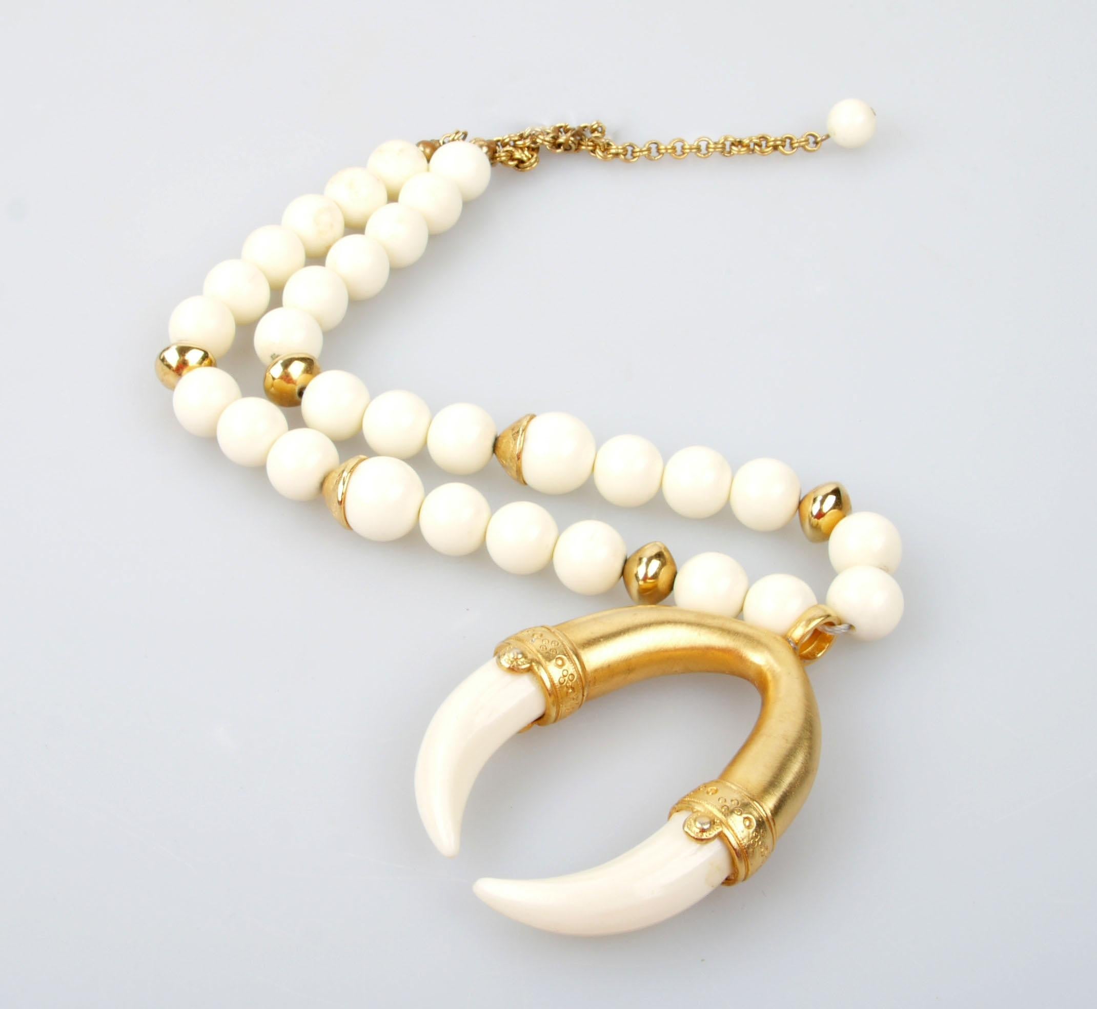 Metal Modern White and Golden Pearl Resin Necklace with Tusk Pendant For Sale