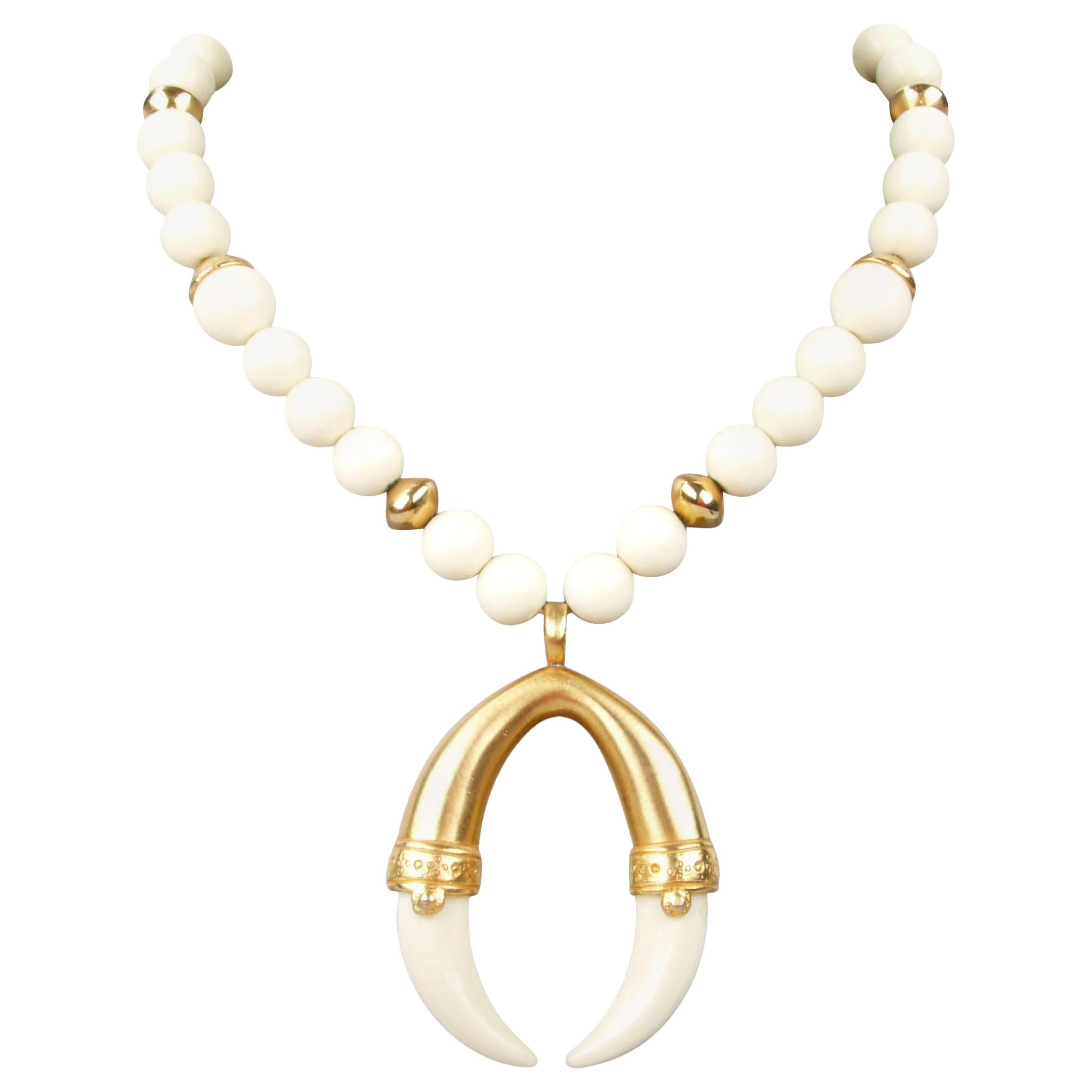 Modern White and Golden Pearl Resin Necklace with Tusk Pendant For Sale