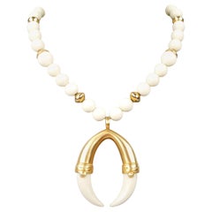 Modern White and Golden Pearl Resin Necklace with Tusk Pendant