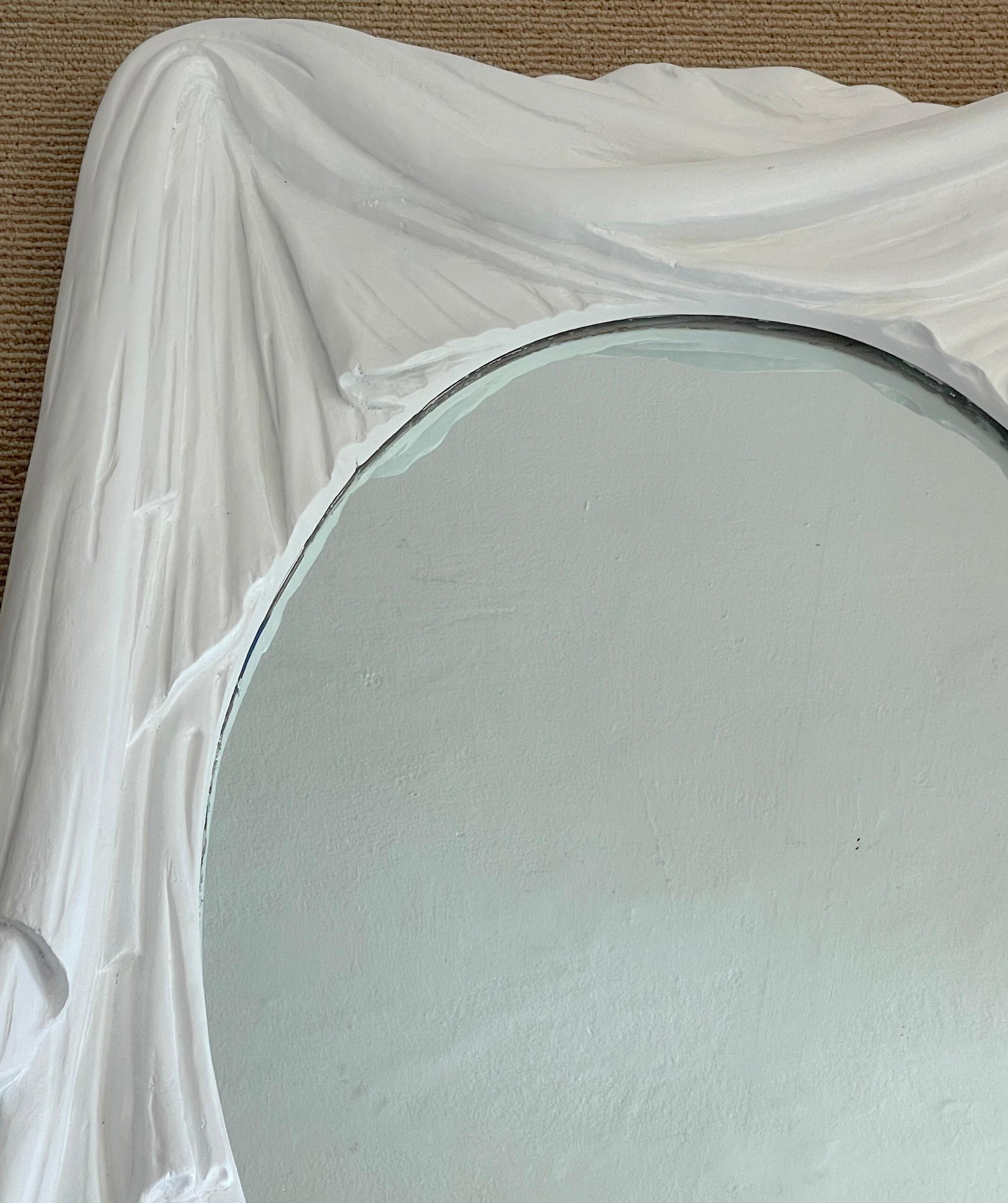 Modern White Lacquered Carved Wood Draped Mirror In Good Condition In West Palm Beach, FL