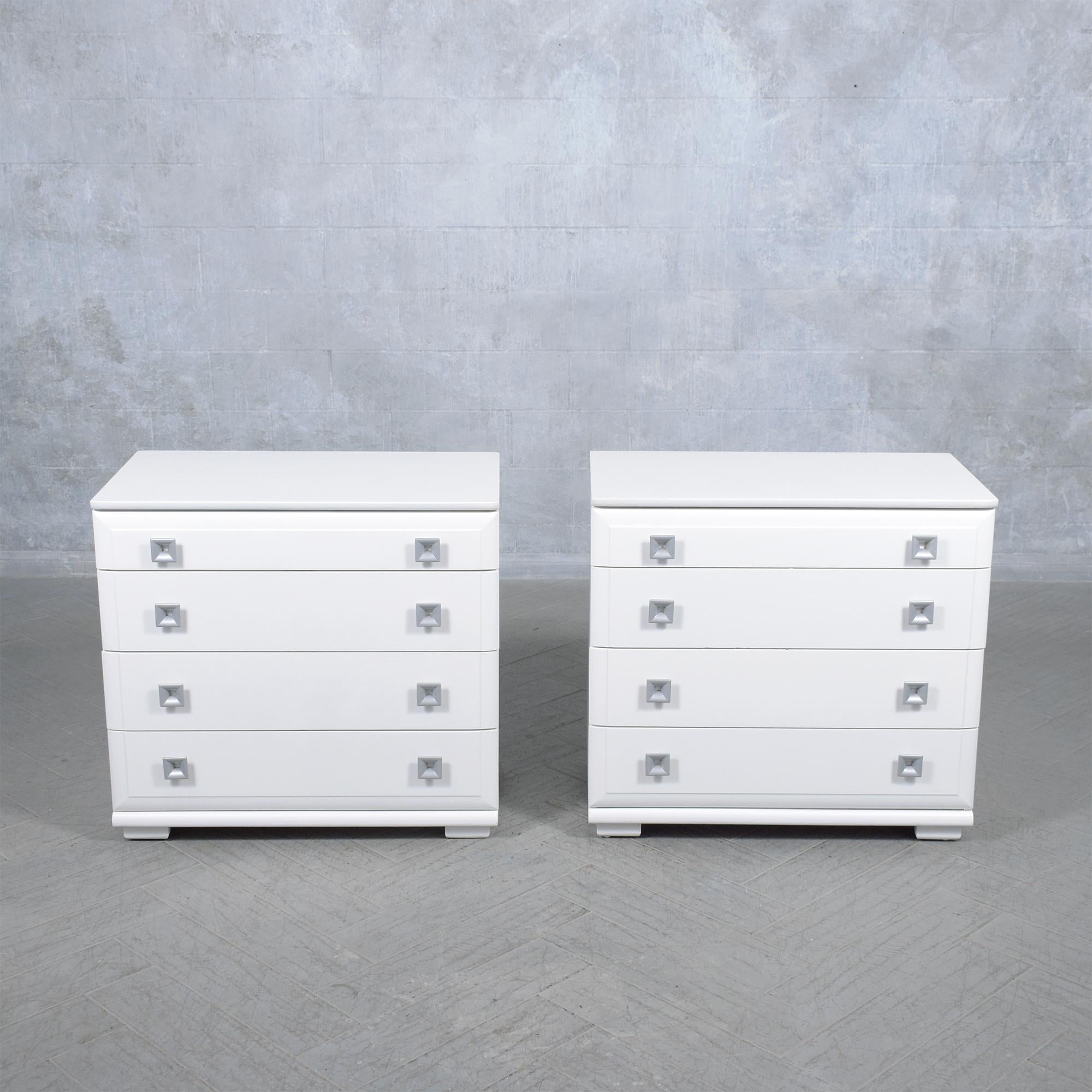 Elevate your living space with the sophisticated charm of our modern oak wood dressers, a stunning pair that marries exceptional craftsmanship with contemporary flair. These mid-century-inspired dressers have been lovingly restored by our dedicated