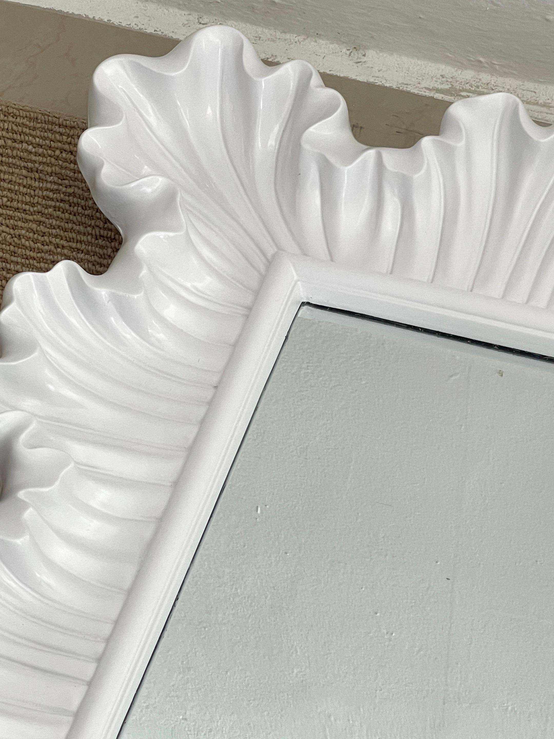 Hollywood Regency Modern White Lacquered Scalloped Rectangular Mirror
