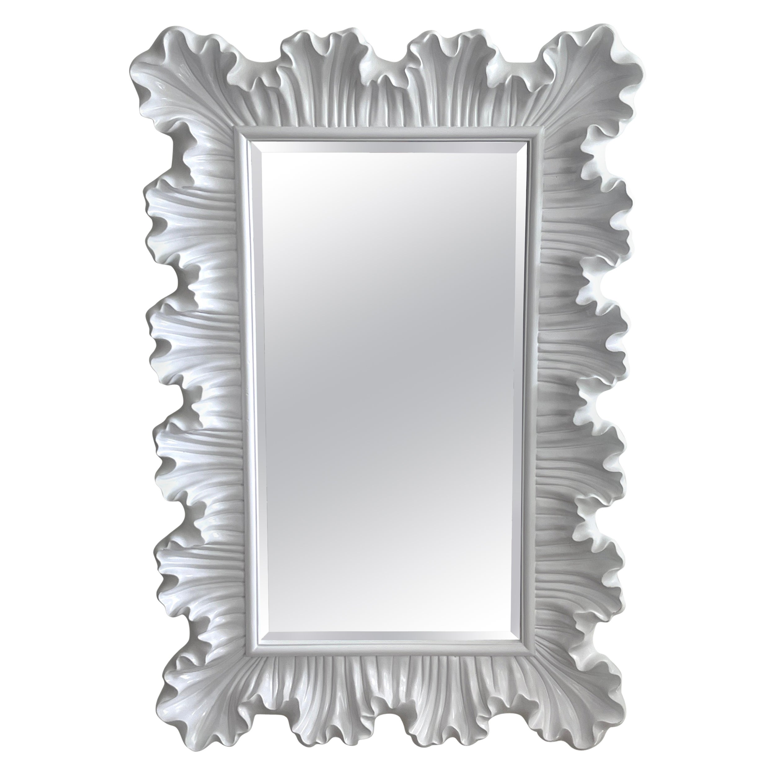 Modern White Lacquered Scalloped Rectangular Mirror