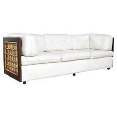 Vintage Modern White Leather and Dark Wood Cube Case Sofa with Rattan Panel Inserts