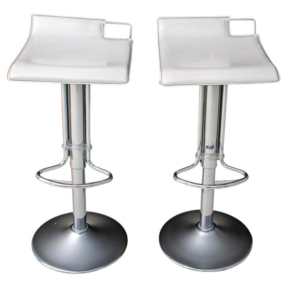 Modern White Leather & Chrome Bar Stool, Pair