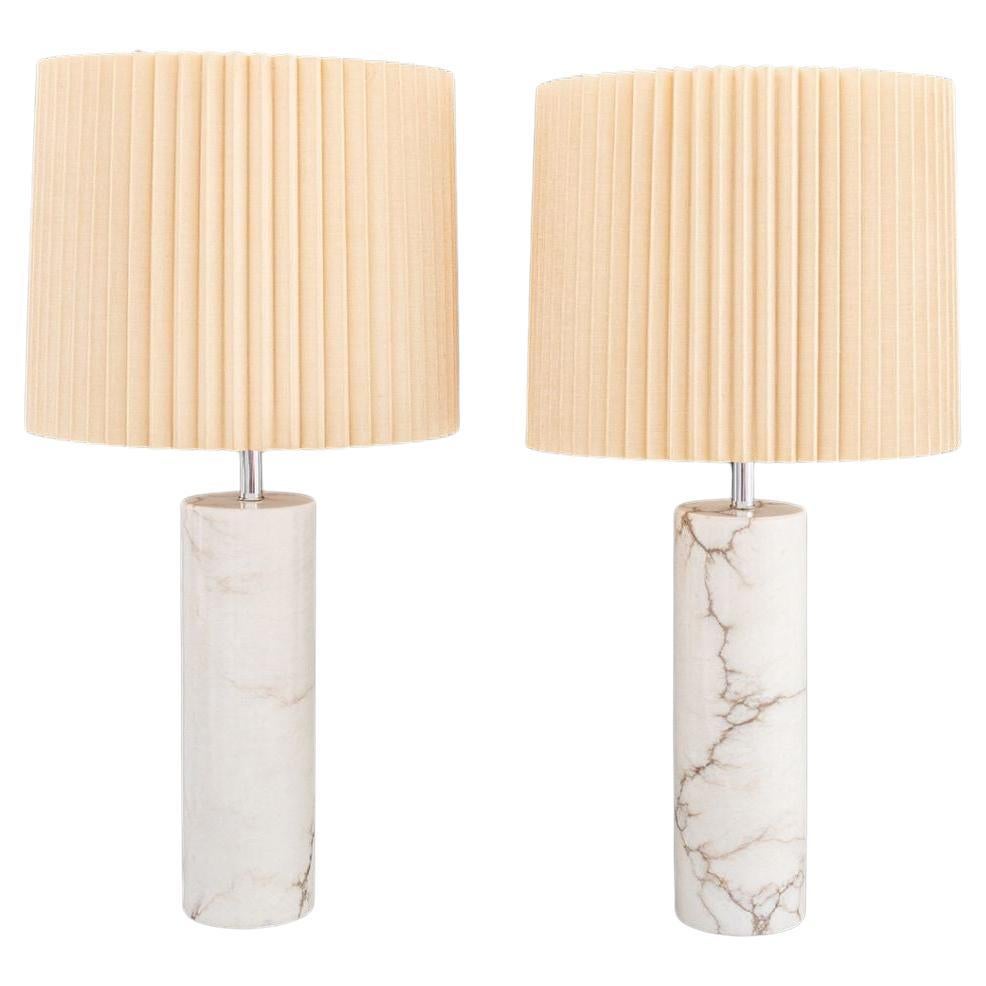 Modern White Marble Cylinder Table Lamps, Pair