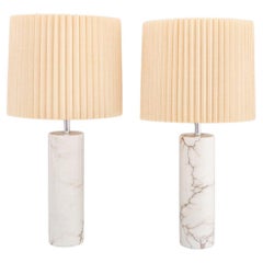 Modern White Marble Cylinder Table Lamps, Pair