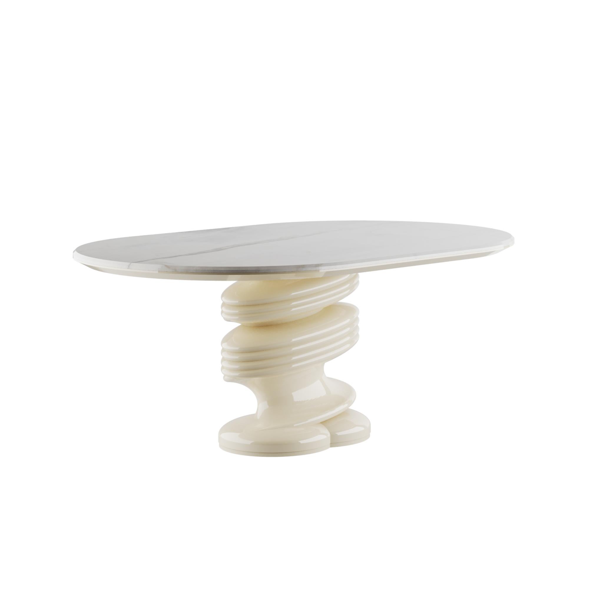 Modern Dining Table, White Marble Top with Twisted Sculptural White Base
Muller Dining Table breathes modernity. It’s a modern dining table with a fun twist and a minimalist take due to the expected combination of a sculptural base and a pristine