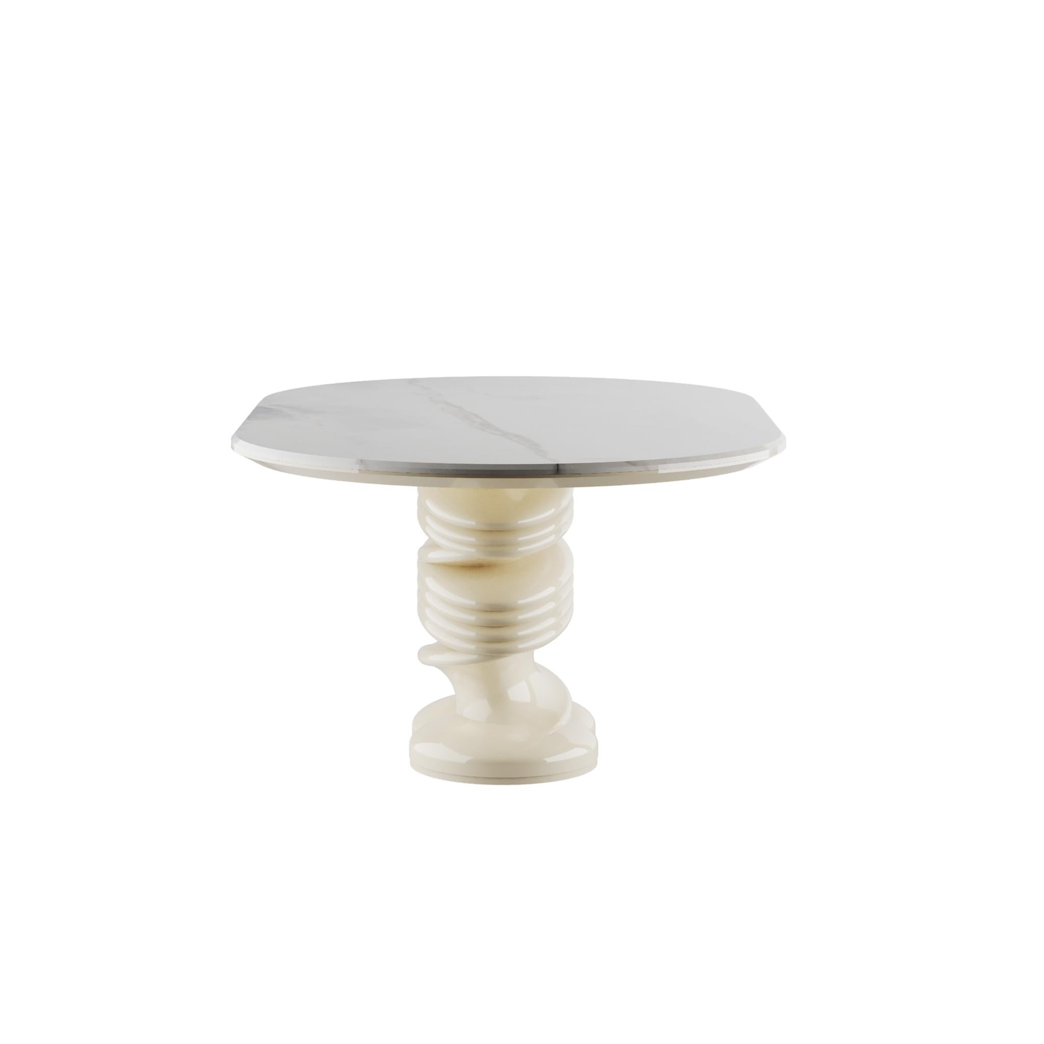 Moderne Table de salle à manger moderne, plateau en marbre blanc et base sculpturale torsadée blanche en vente