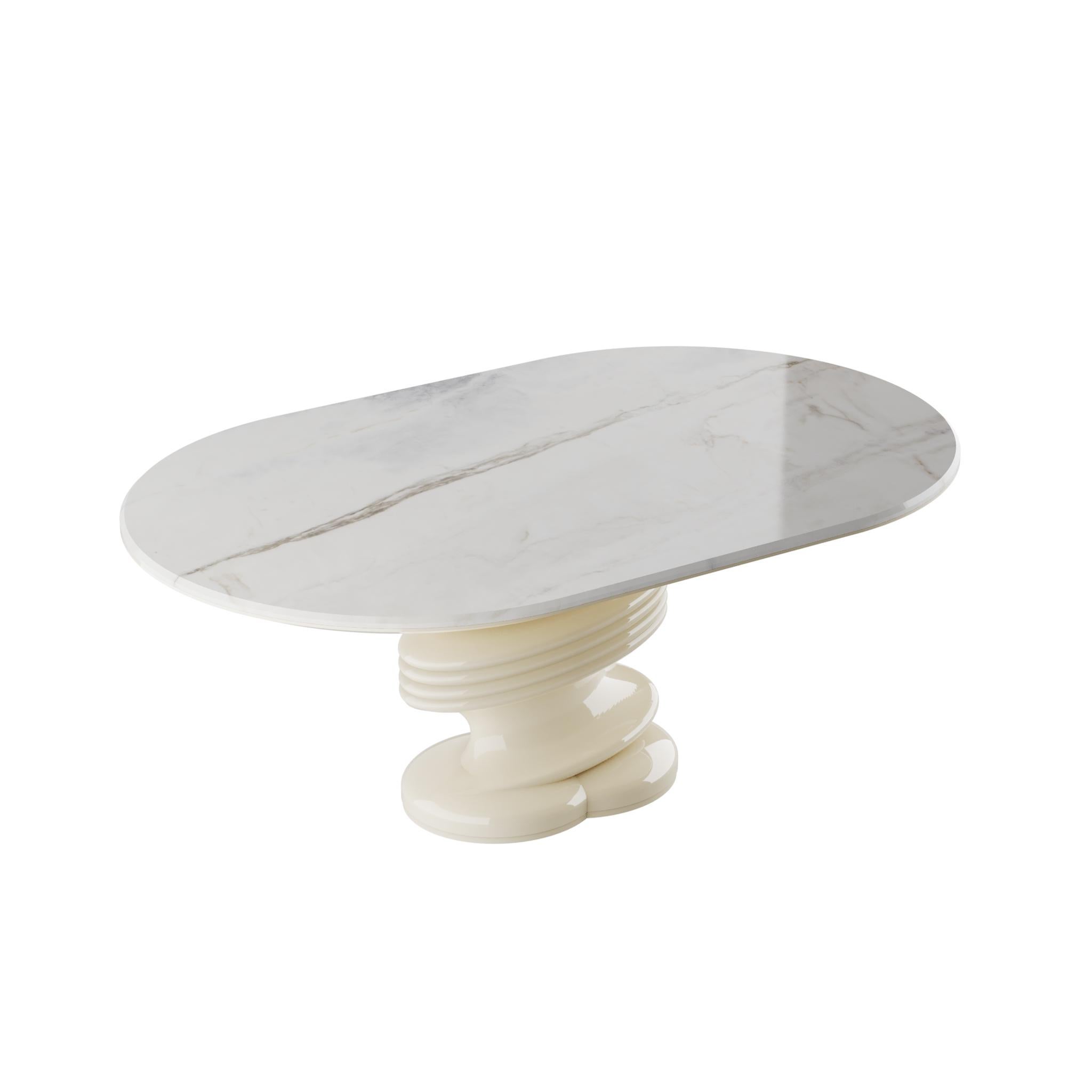 Portuguese Modern Dining Table, White Marble Top with Twisted Sculptural White Base For Sale