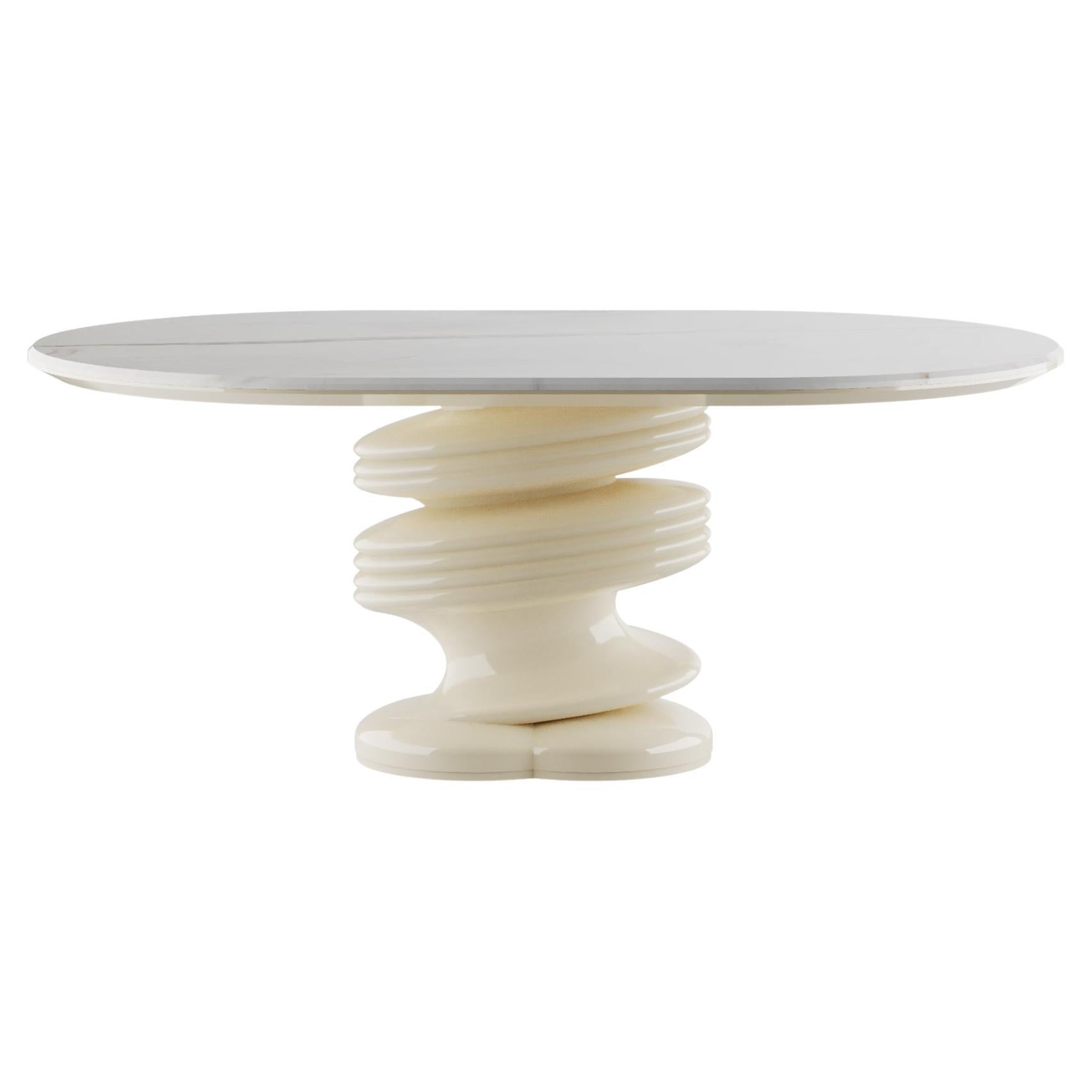 Modern White Marble Dining Table with a Fun Twist Sculptural Base Polished Brass