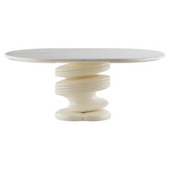 Modern Dining Table, White Marble Top with Twisted Sculptural White Base