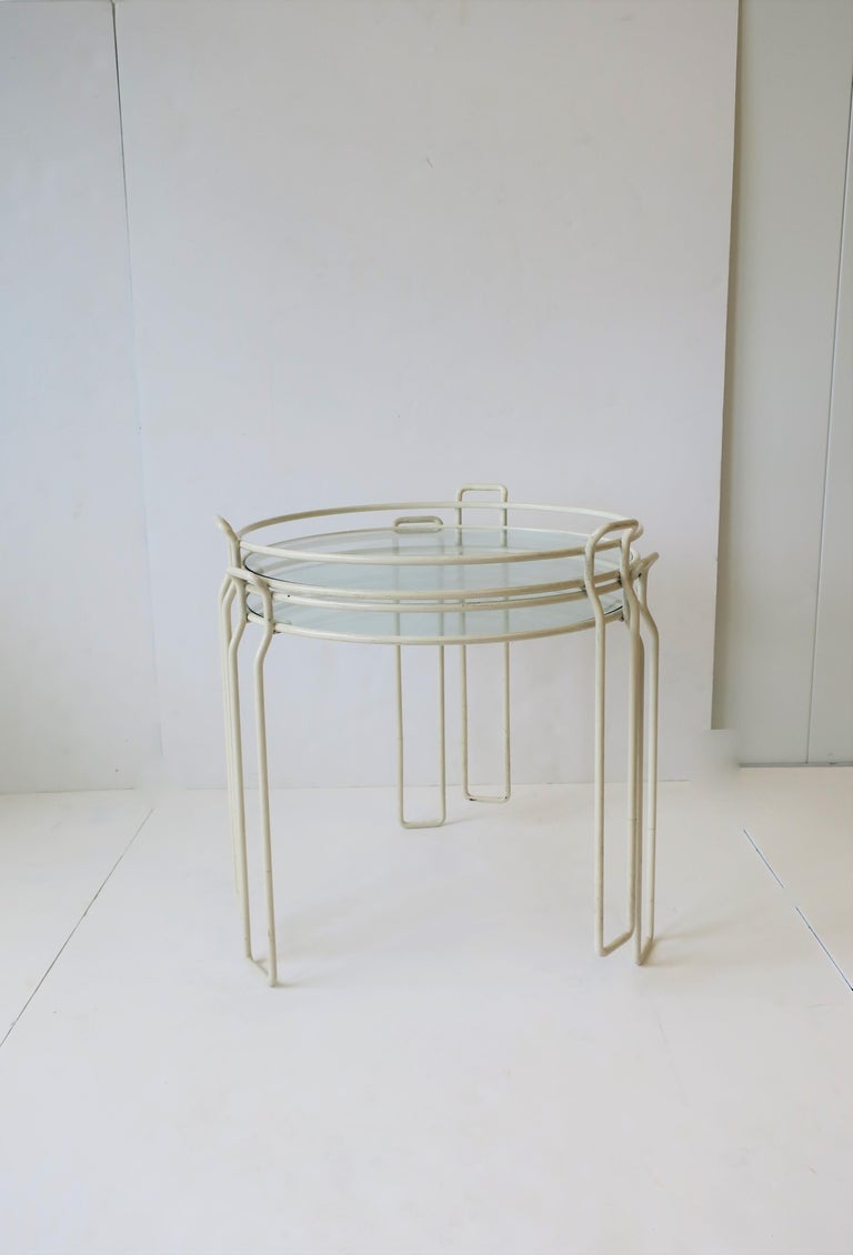 Metal Modern White Glass Side, Nesting, or Stacking Tables For Sale