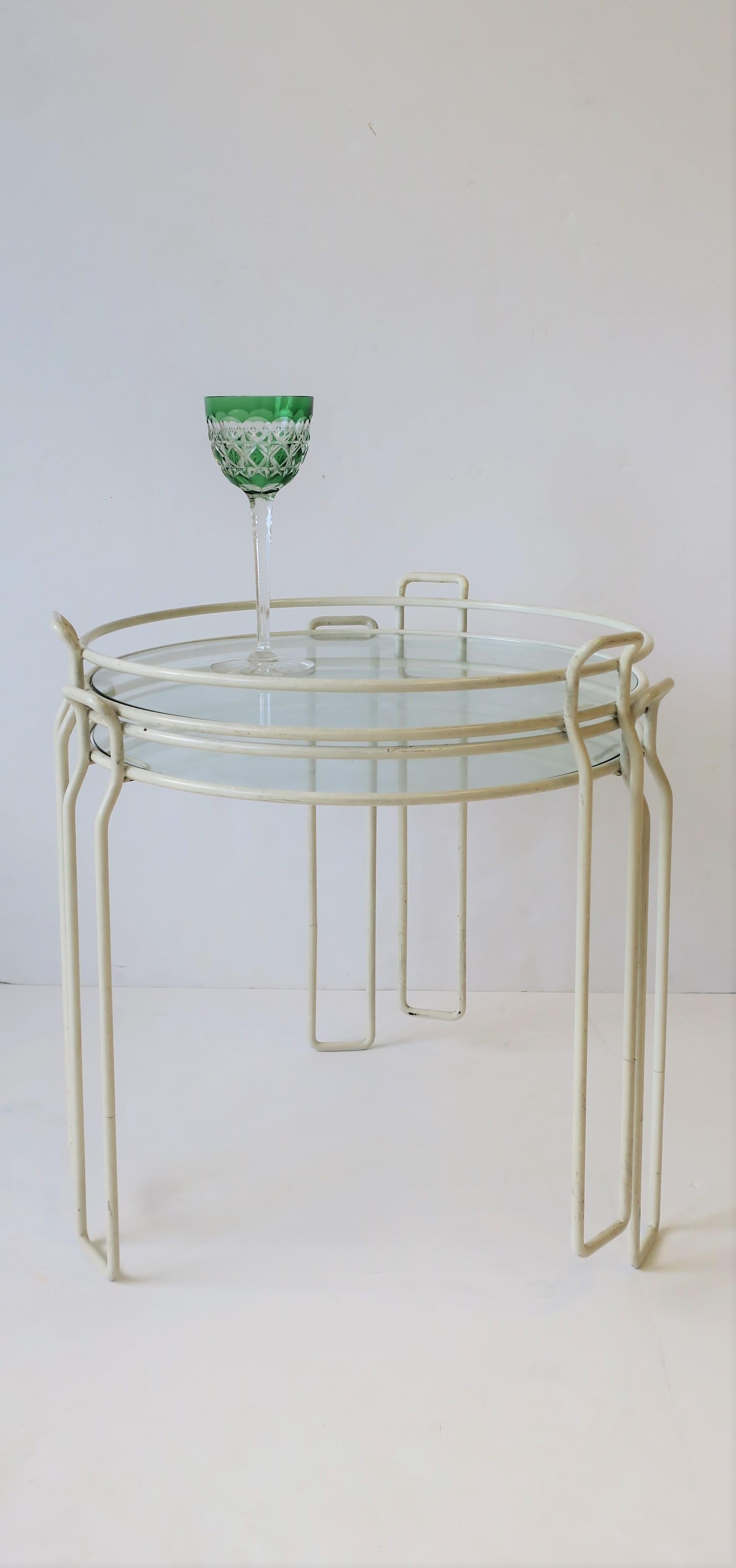 Glass Midcentury Modern White Side Drinks Nesting or Stacking Tables, Pair, 1960s