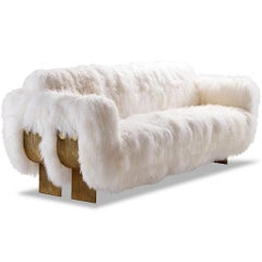 Mongolian Sheepskin, Solid Cast Brass, Modern White Primal Sofa by Egg Designs