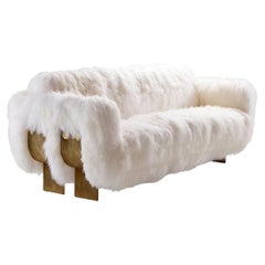 Modern White Mongolian Sheepskin, Solid Cast Brass, Primal Sofa by Egg Designs
