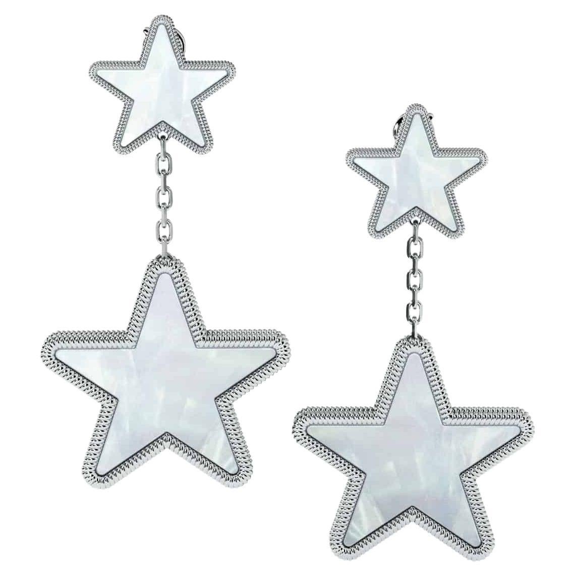 Modern White Mother of Pearl Double Star Earrings Set in 18K Gold