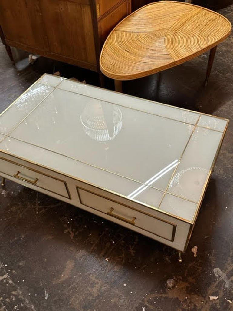 Italian Modern White Murano Glass and Brass Coffee Table For Sale