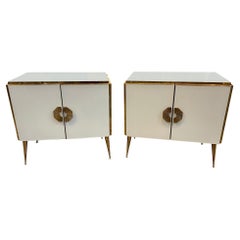 Modern White Murano Glass and Brass Side Cabinets