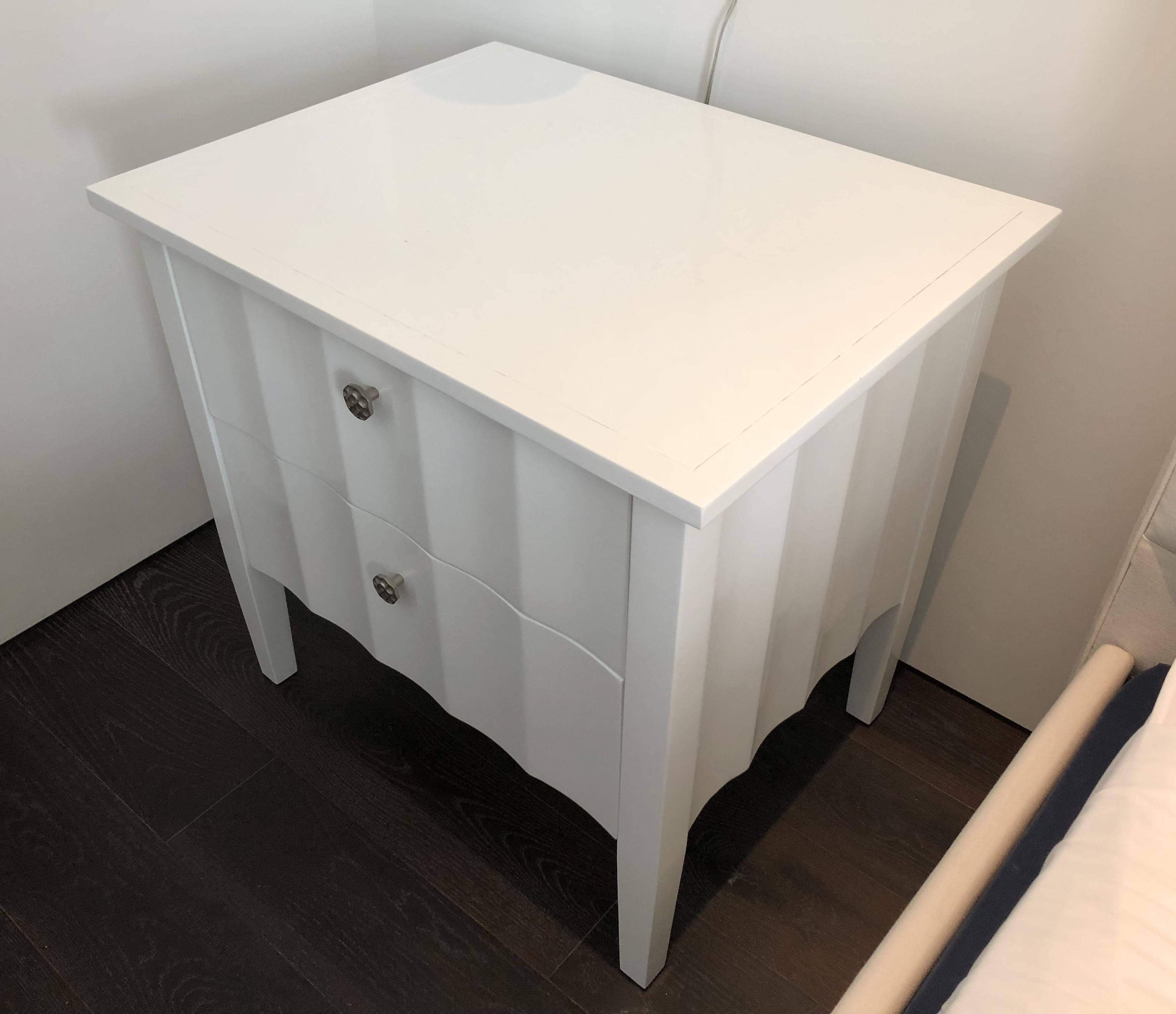 American Modern White Nightstands with Scalloped Detail on Drawers and Sides